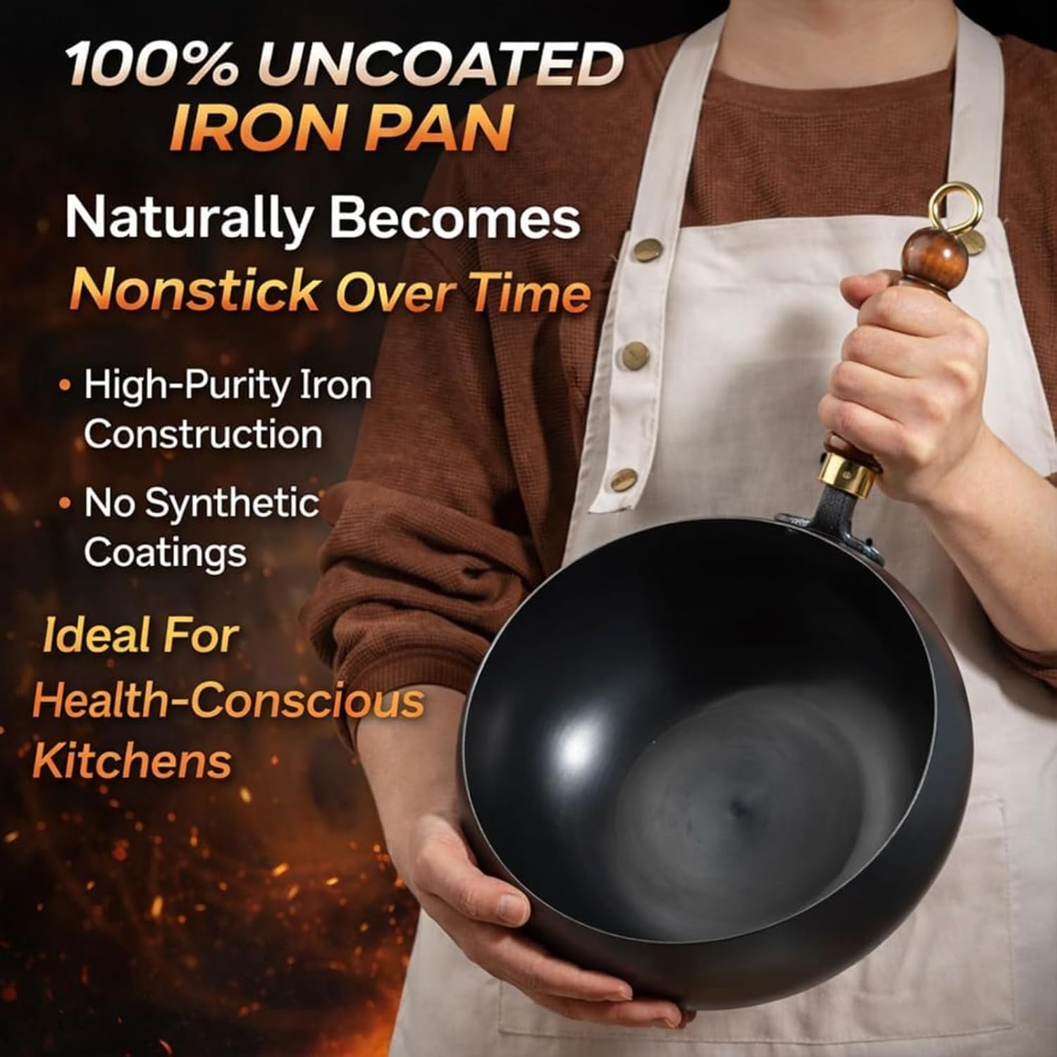 Uncoated Thick Iron Pot, Hand-Forged Japanese Cast Iron Pan with Lid, Non-Stick After Seasoning, Versatile Deep Wok for Frying & Searing, Induction Compatible Cookware (Glass cover,11in)