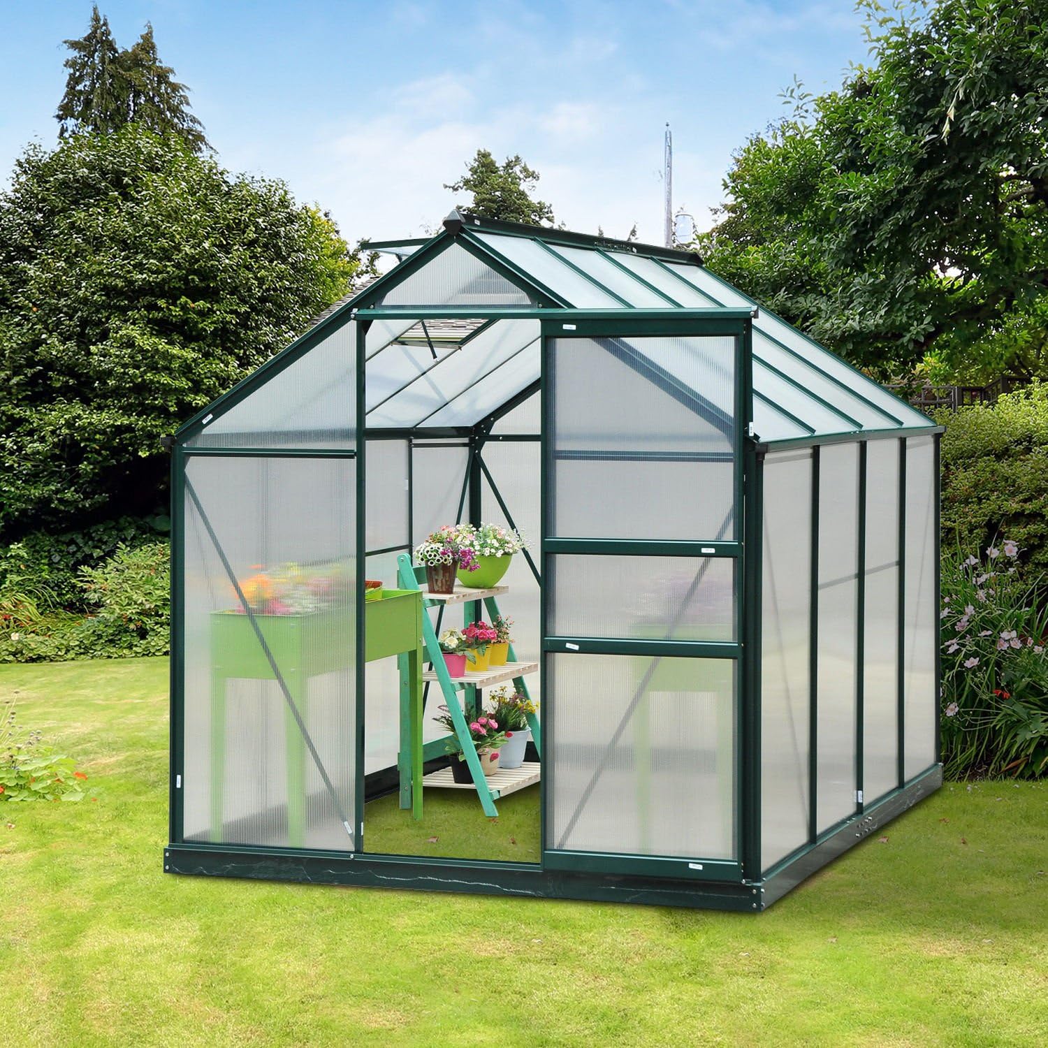 WAYFAIR Outsunny 6 X 8Ft Polycarbonate Greenhouse, Large Walk-In Green House With Slide Door And Window, Garden Plants Grow House With Aluminium Frame And Foundation, Dark Green