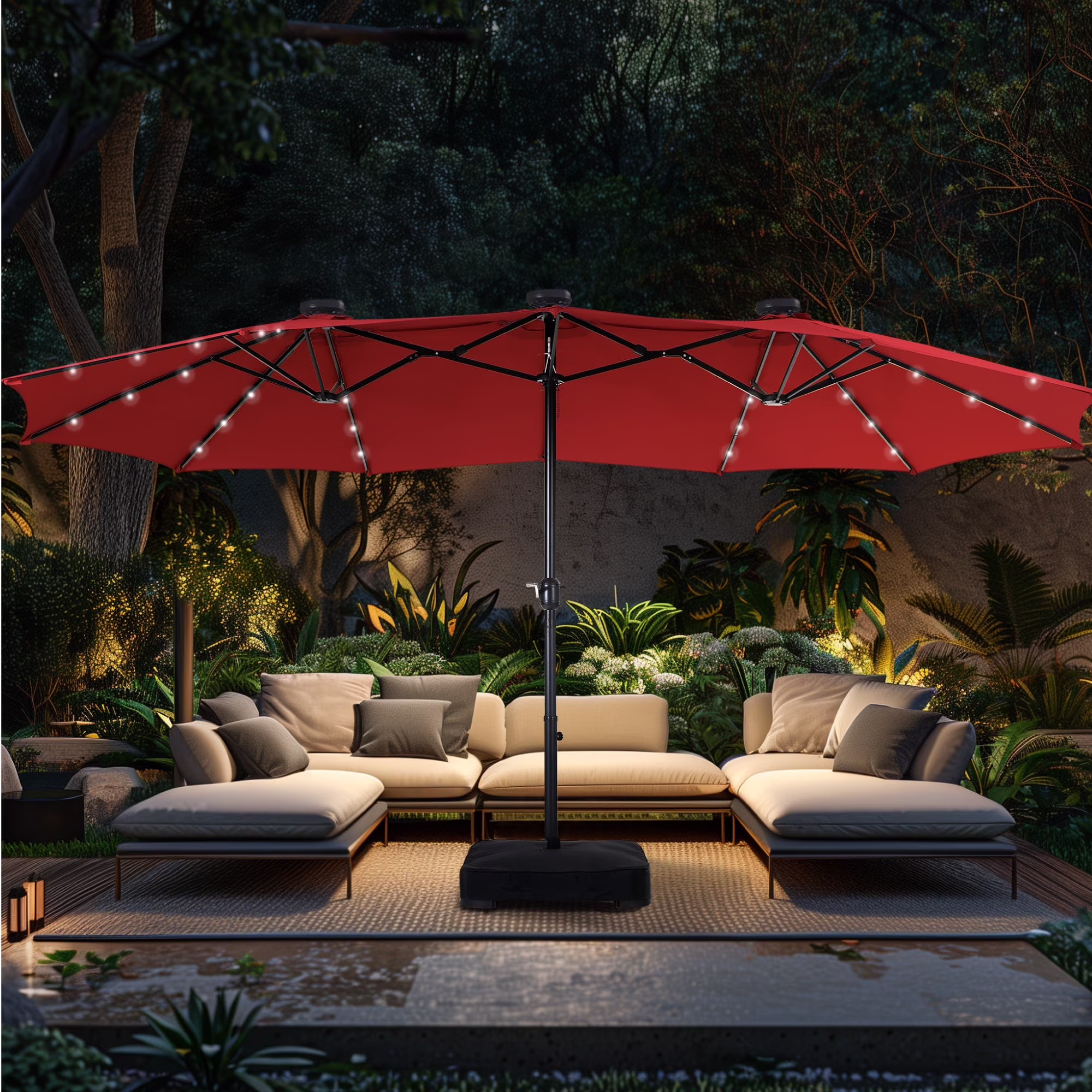 Alpha Joy 15ft Extra Large Outdoor Patio Double-Sided Umbrella with LED Solar Lights & Umbrella Base, Beige - Image 19