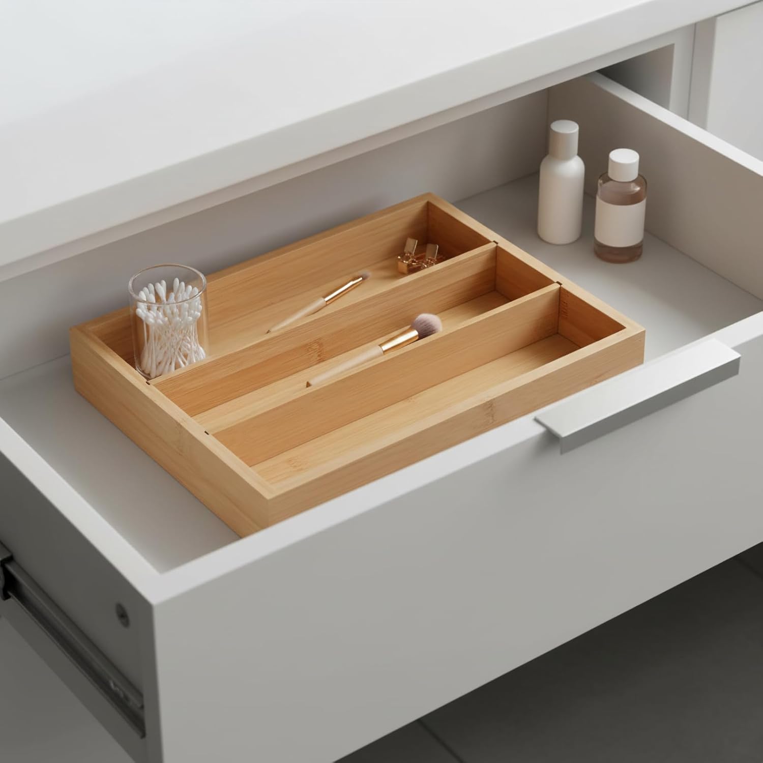 Wooden Silverware Organizer for Drawer, Bamboo Utensil Drawer Organizers, Kitchen Utensil Organizer Tray with 3 Storage Compartments, Flatware Organizers for Cutlery Flatware 