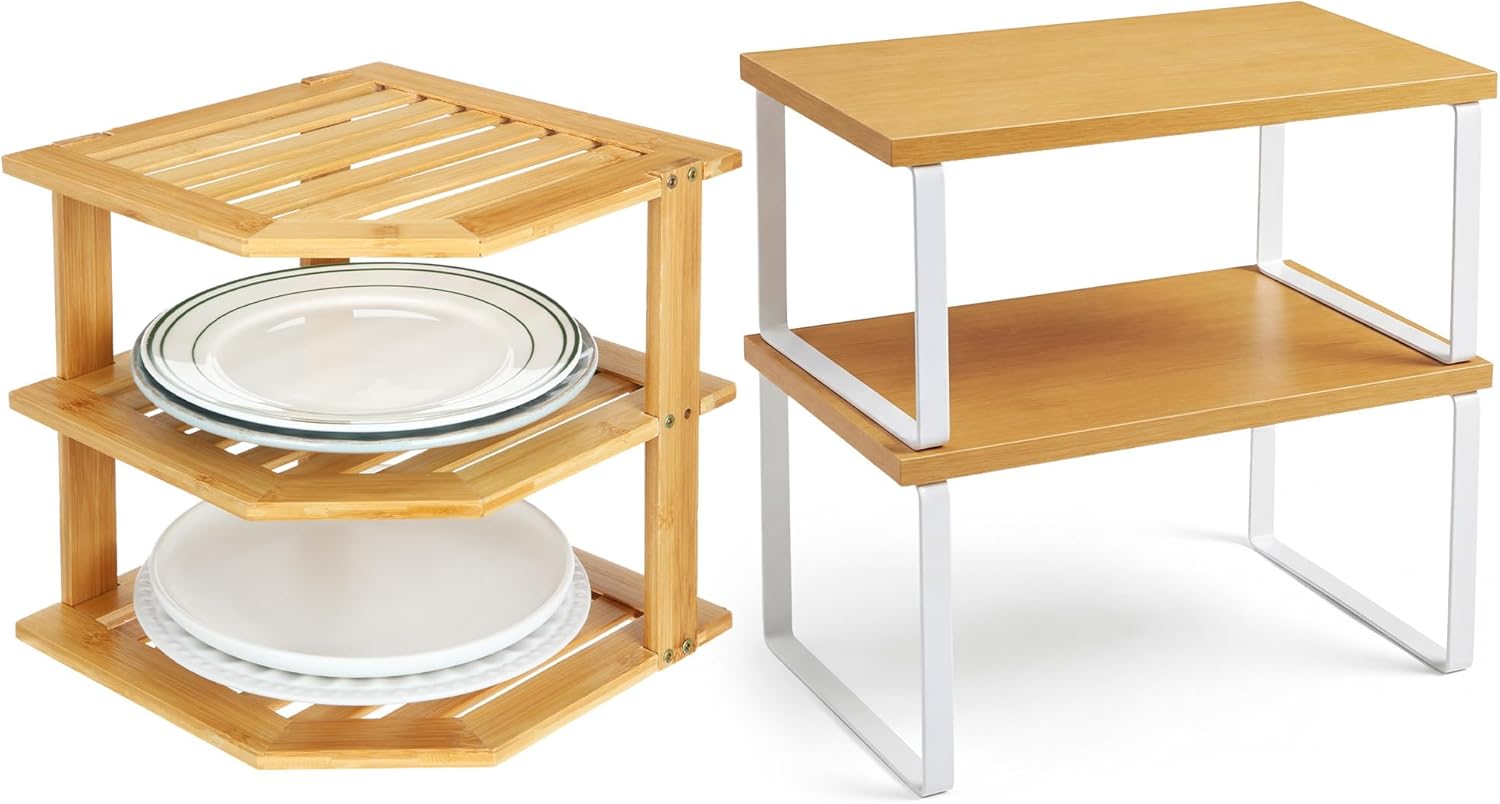 Nuanchu 3 Pcs Cabinet Organizer Shelf Bamboo Corner Rack for Kitchen Counter and Kitchen Counter Shelves for Storage Plates Dishes Bowls Bread Spice Rack Stackable Expandable