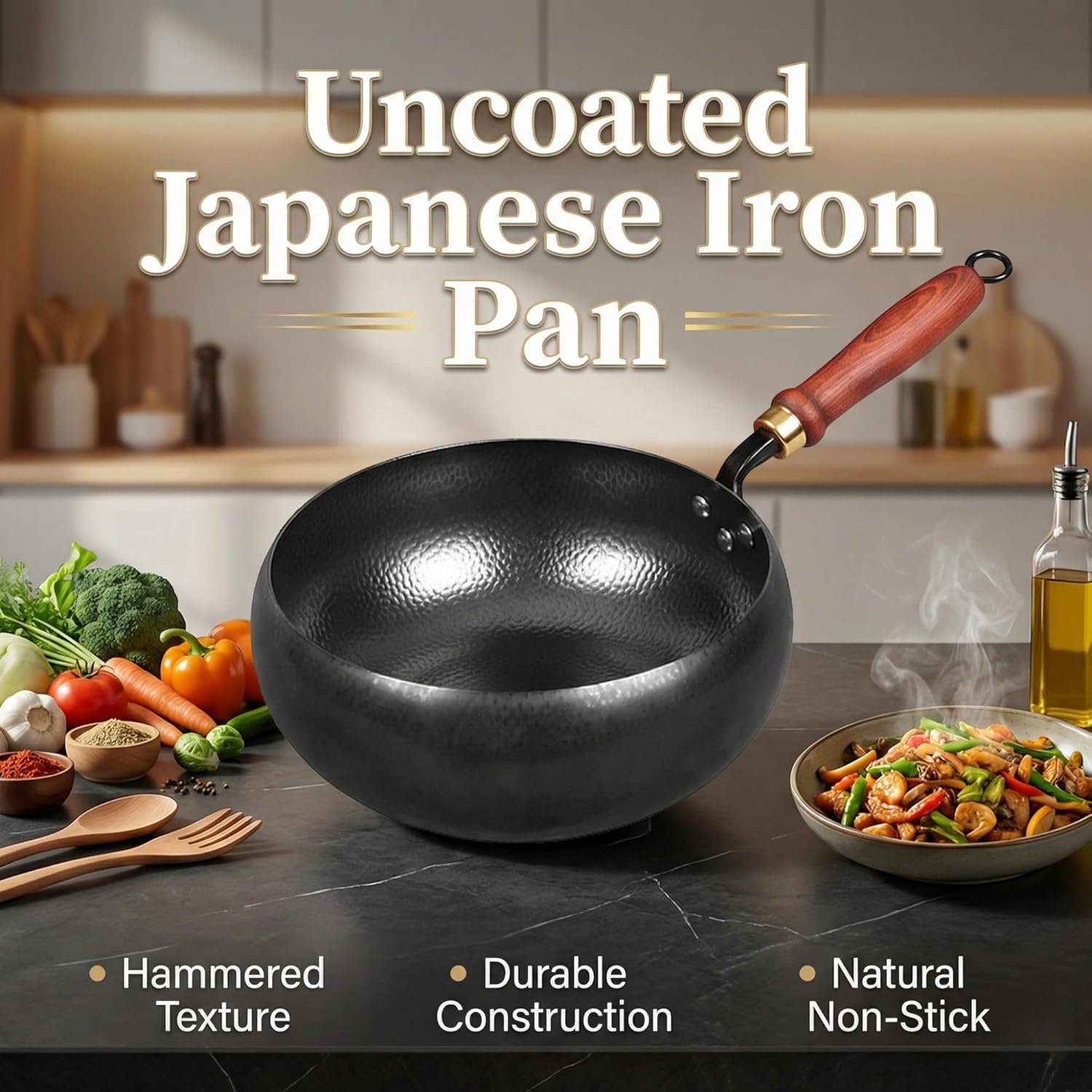 Japanese Cast Iron Wok Pan - Uncoated Healthy Cooking Pot with Lid, Japanese Cast Iron Pot, Hand-Hammered Uncoated Healthy Non Stick Frying Pans Made in Japan (Hand-Hammered + Wood Lid, 9.5'')