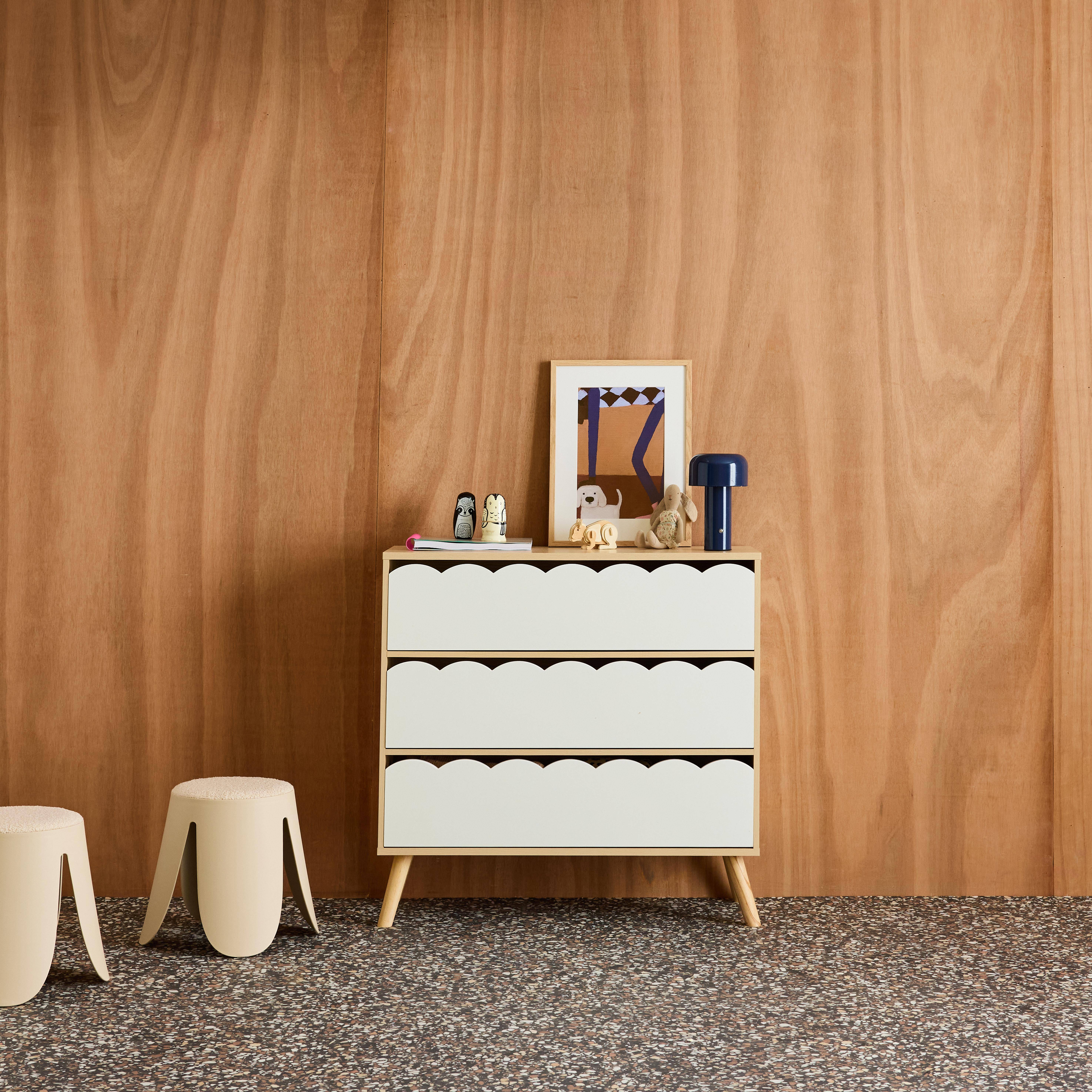 Azur - Cómoda infantil efecto madera con patas de pino, 3 cajones