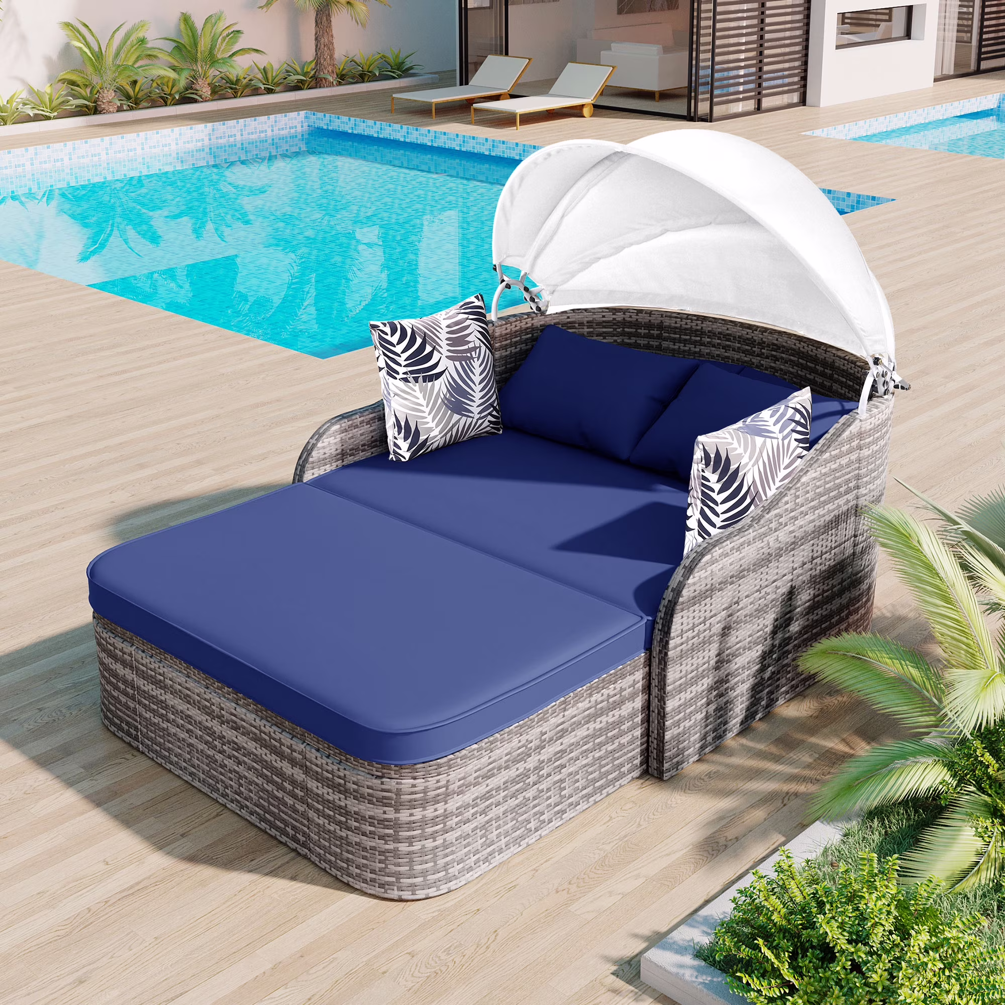Harper & Bright Designs Rattan Outdoor Double Lounge Chaise 2-Person PE Wicker Outdoor Patio Sunbed with Canopy Cover for Backyard Garden Balcony, Beige+Black - Image 12