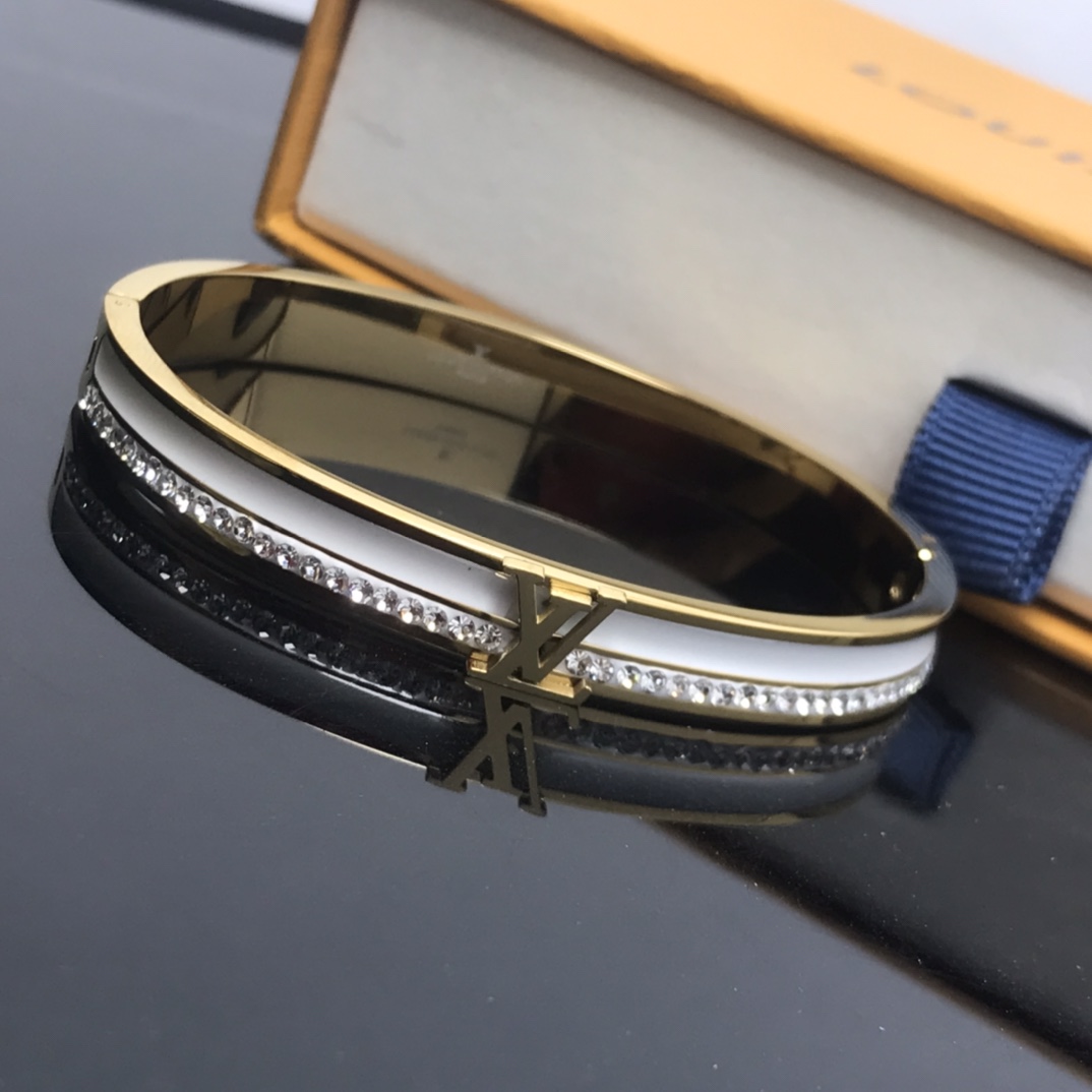 Louis Vuitton White Enamel Diamond LV Bangle Bracelet - Original Replica Club