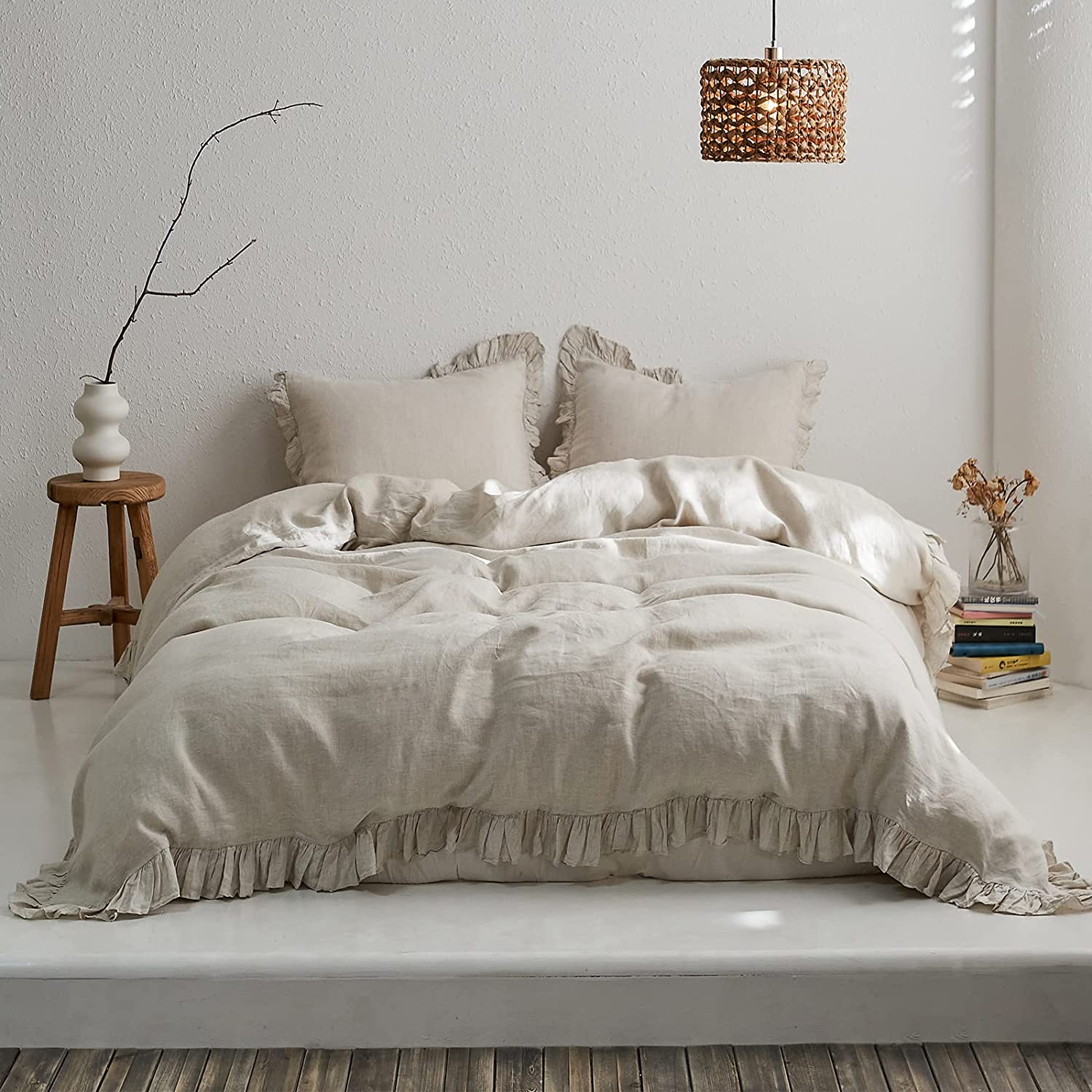 100% Washed French Linen Polyester Duvet Cover Set Premium Ruffled Farmhouse Bedding Natural Flax High End Frill Sets