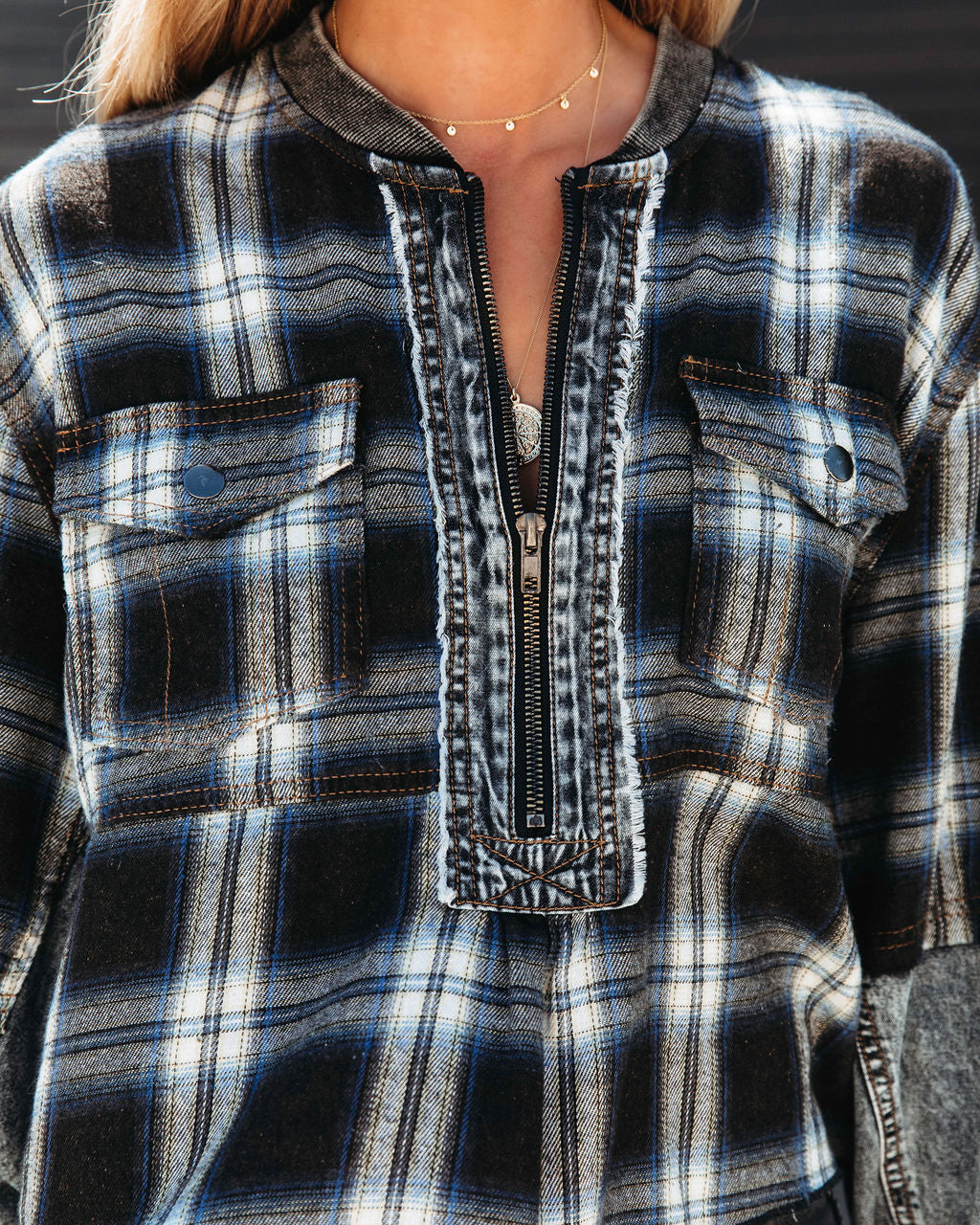 Daria Plaid Contrast Half Zip Top - Se7enfashion