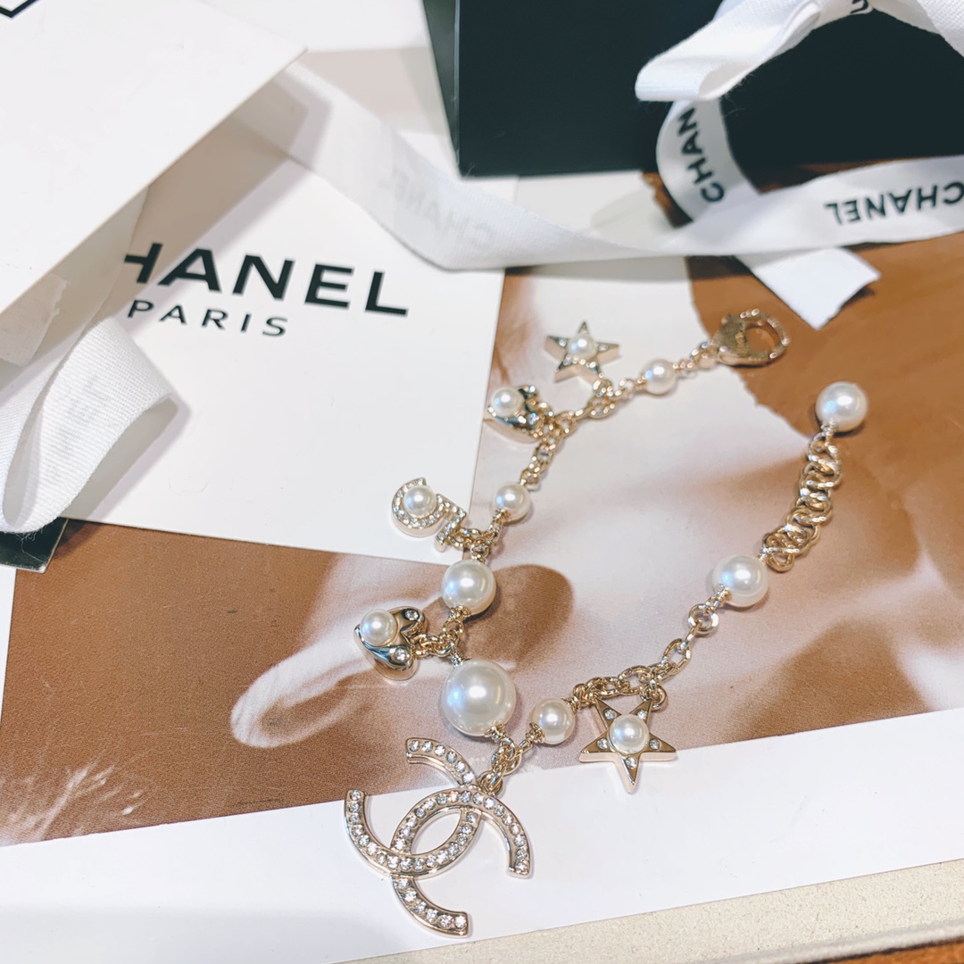 Chanel Chain Pearl Bracelet with Star Heart NO.5 CC Charms - Original Replica Club