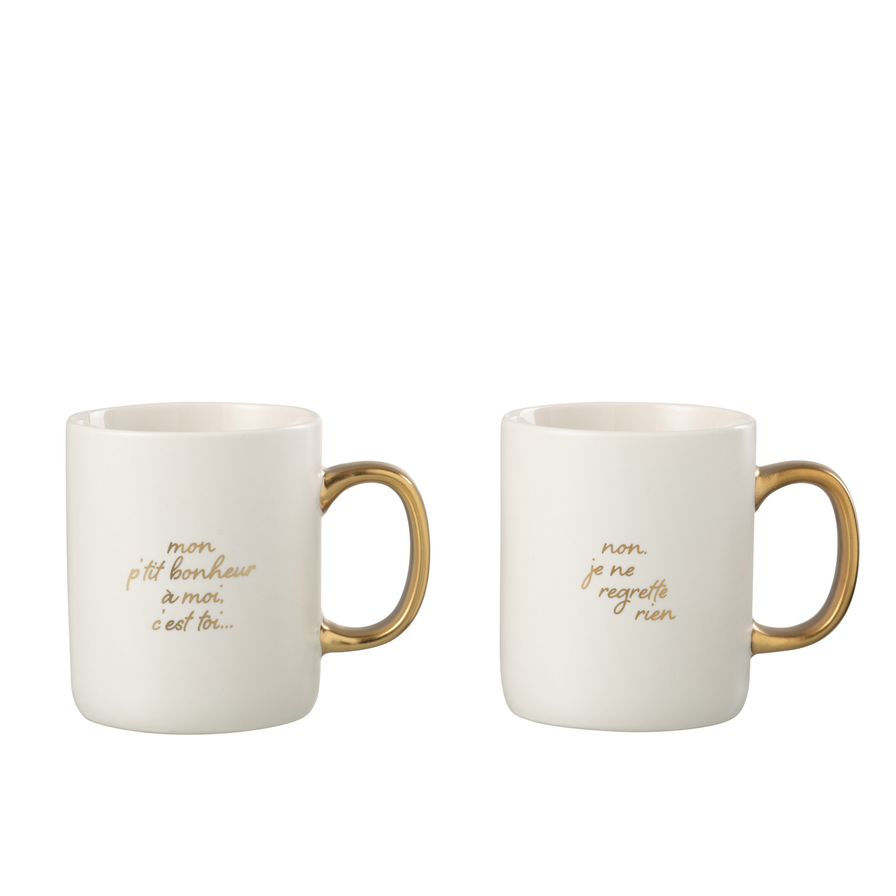 J-Line mok Bericht Bonheur - porselein - wit goud - 2 stuks