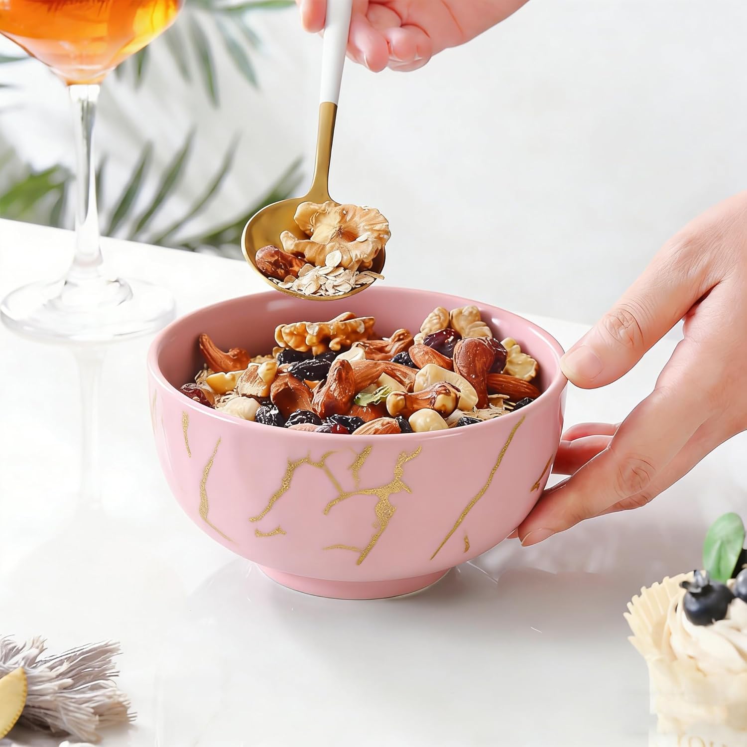 6-Piece Pink and Gold Marble Ceramic Bowls, 20 oz – Bohemian Soup & Cereal Bowl Set, Dishwasher & Microwave Safe, for Ramen, Pasta, Salad, Dessert
