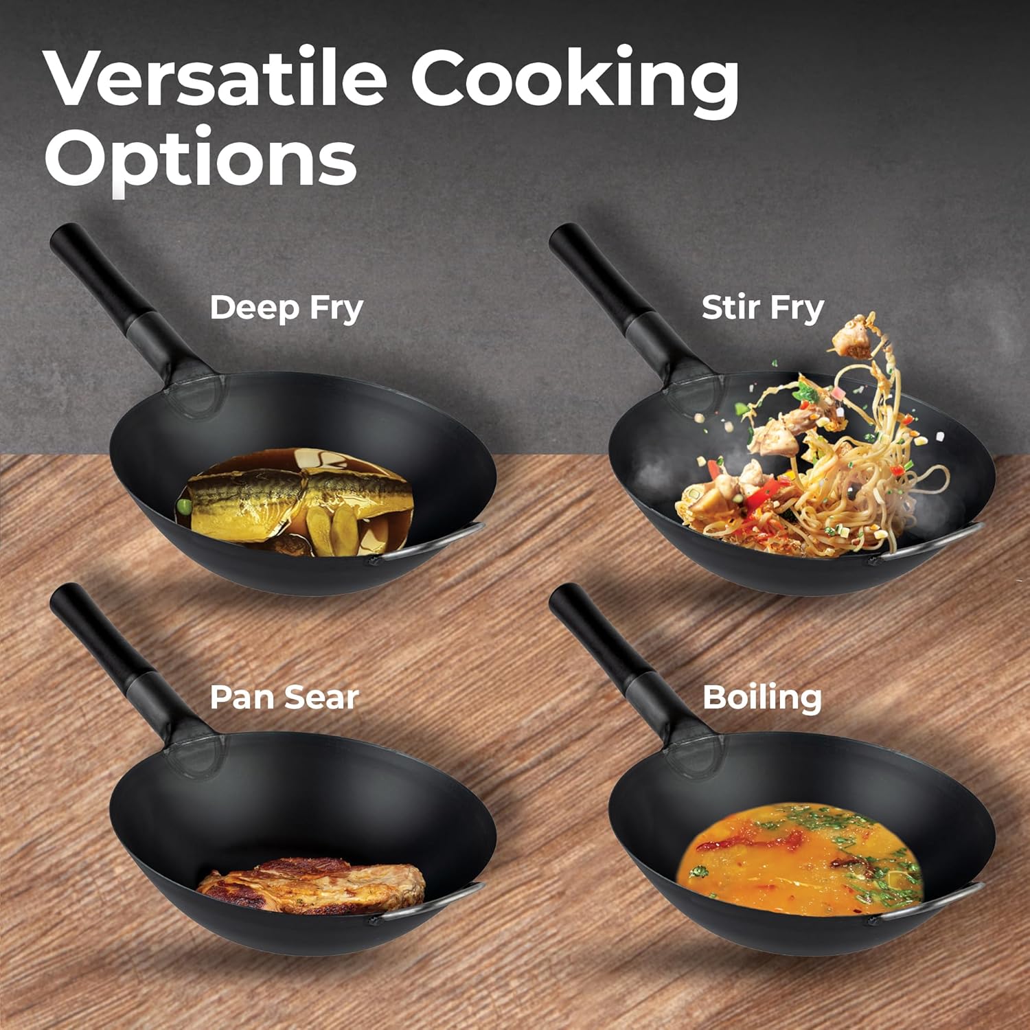 Restaurantware Carbon Steel Wok 1 Pack of 13.3 Inch Heavy-Duty Uniform Heat Distribution Pan Induction Compatible Flat Bottom Wok Welded Handle Black For Gas Stovetops And Grills