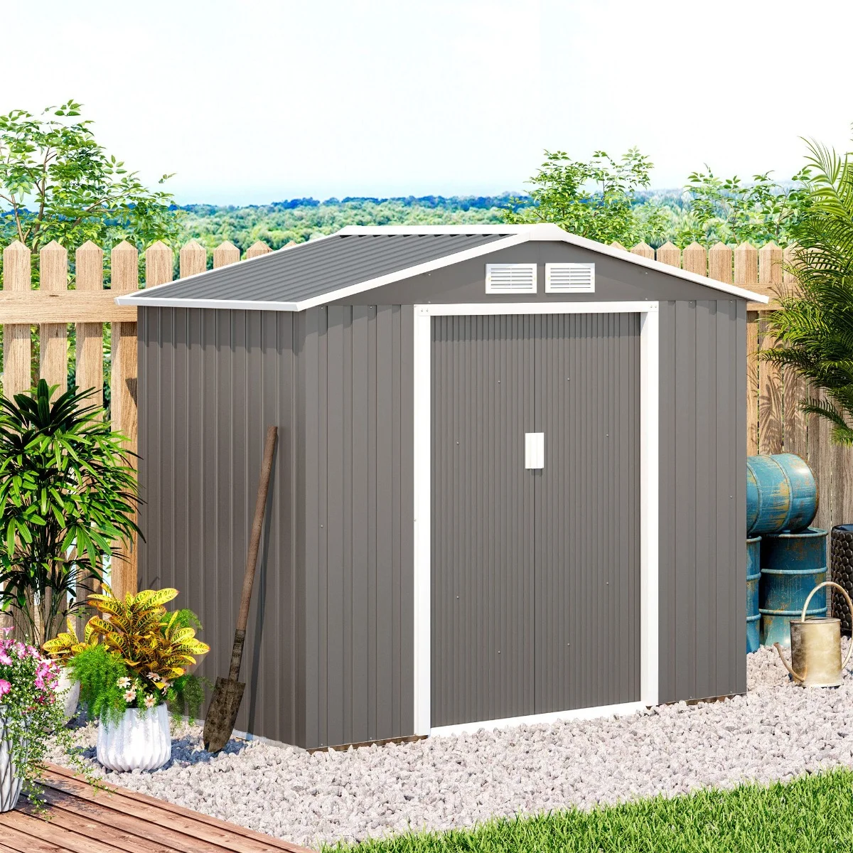 Outsunny 7' x 4' Metal Storage Shed Organizer, Garden Tool House with 4 Vents and 2 Sliding Doors for Backyard, Patio, Garage, Lawn, Dark Gray - Image 19