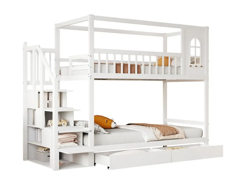 Litera 90x200cm de Mueblestop maciza - 2 cajones y escalera portaobjetos - Blanco YMBI26409