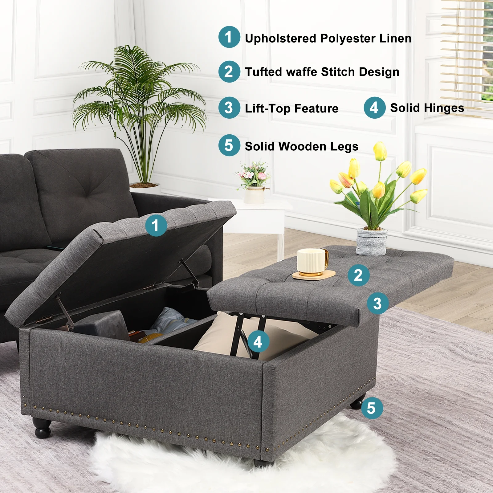 Magic Union 35" Large Square Storage Ottoman, Oversized Square Ottoman with Storage, Tufted Upholstered Ottoman Coffee Table with Lift Top for Living Room (Beige) - Image 10