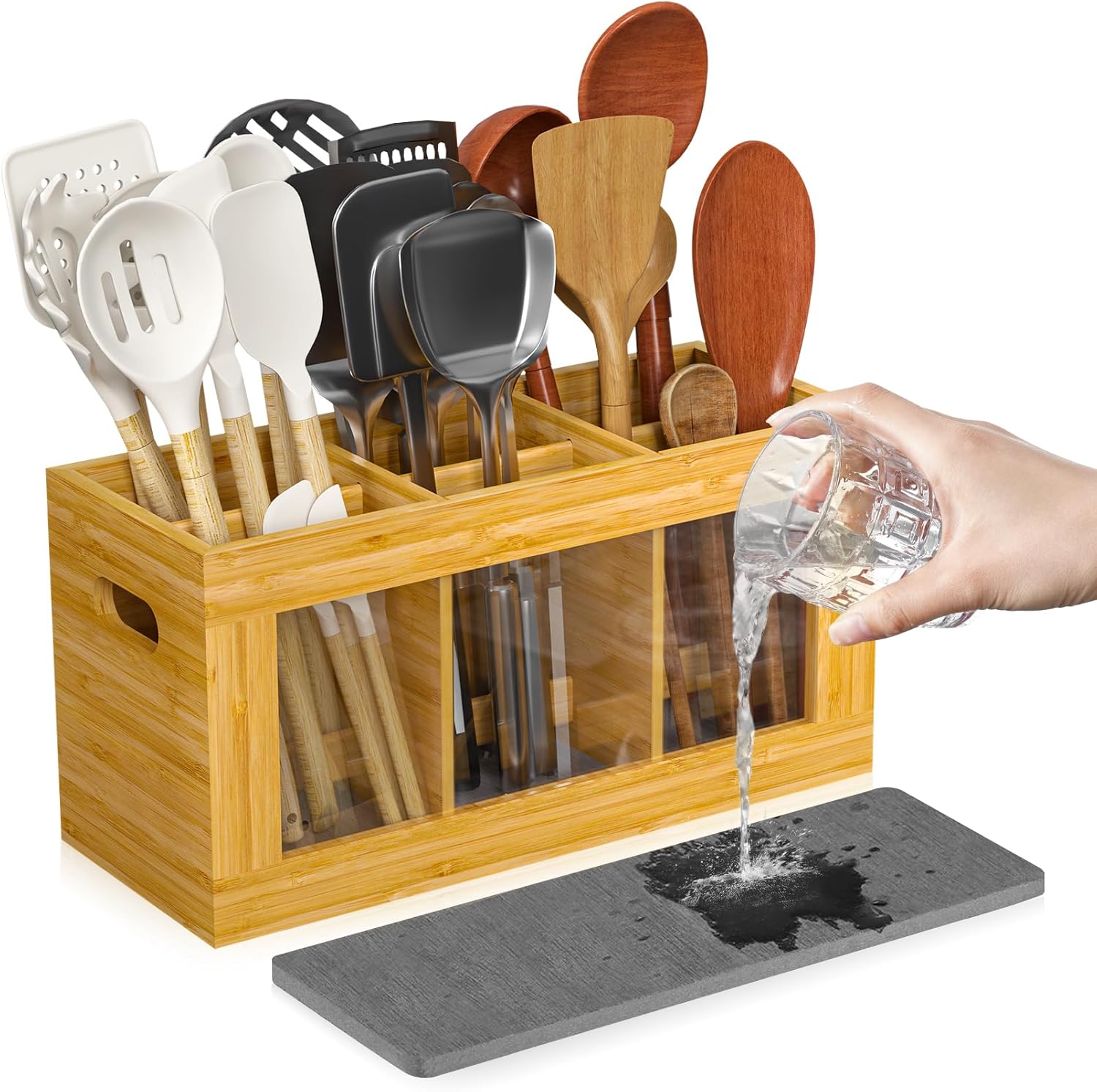 Yofidra Bamboo Utensil Holder & Silverware Organizer: Extra Large Cooking Holder with Absorbing Drying Stone and 6 Compartments Kitchen Countertop Storage Farmhouse Decor Accessories 11.8