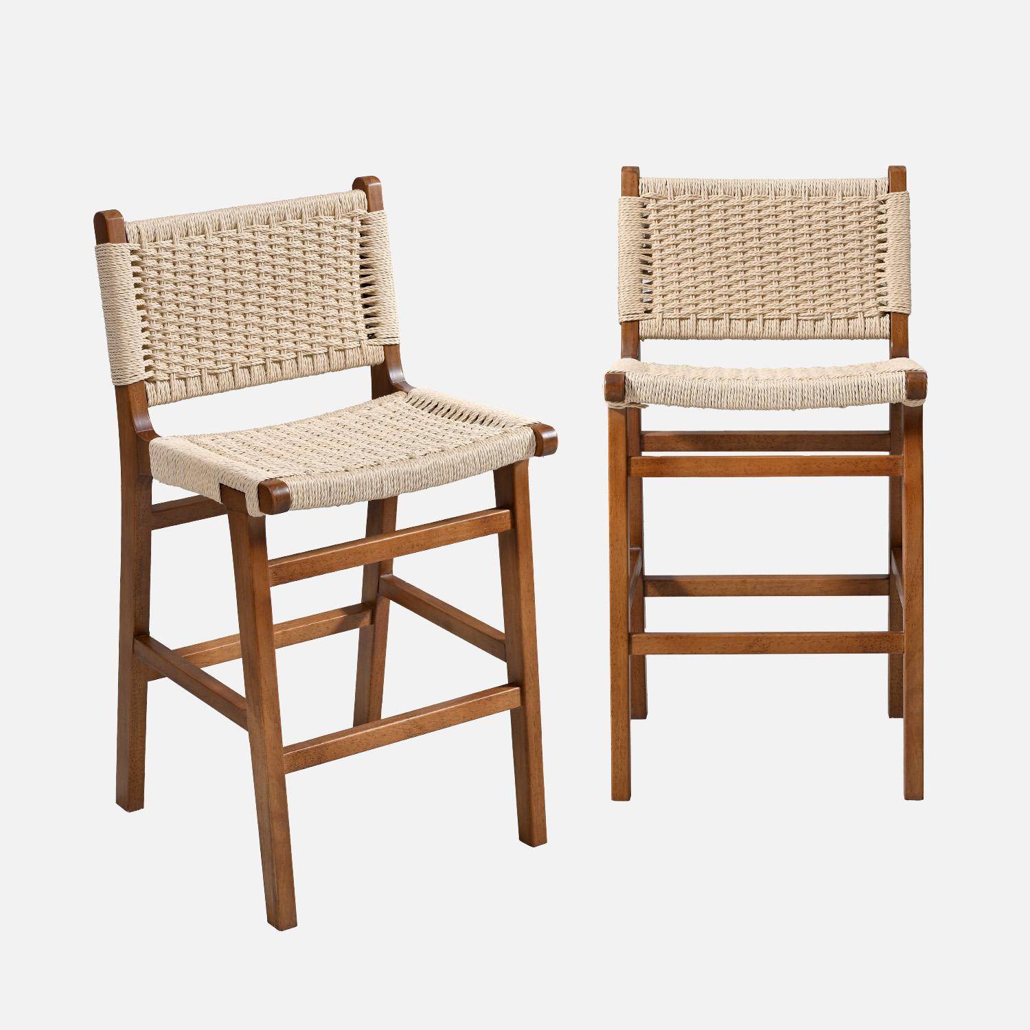 Joy - Taburete de bar de madera de hevea y asiento de cuerdas, set de 2