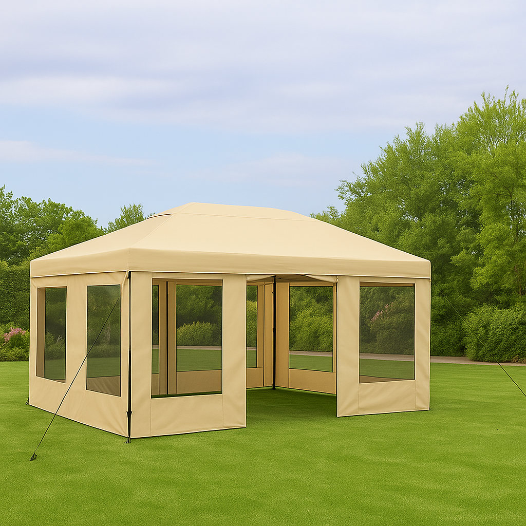 Carpa plegable cenador beige poliéster para jardín terraza eventos 3x2.2x2.6 m