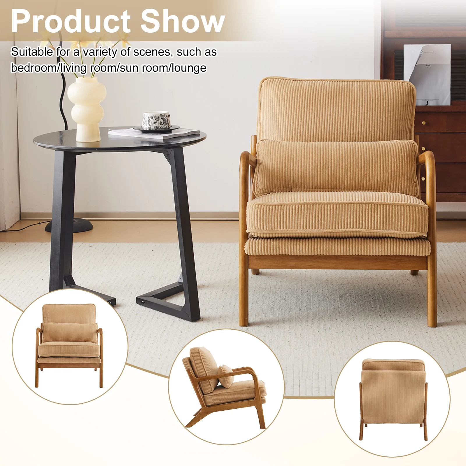 Ktaxon Accent Chair Corduroy Upholstered Armchair, Reading Club Chair with Pillow and Solid Wood Frame for Living Room Bedroom Furniture Off White - Image 79