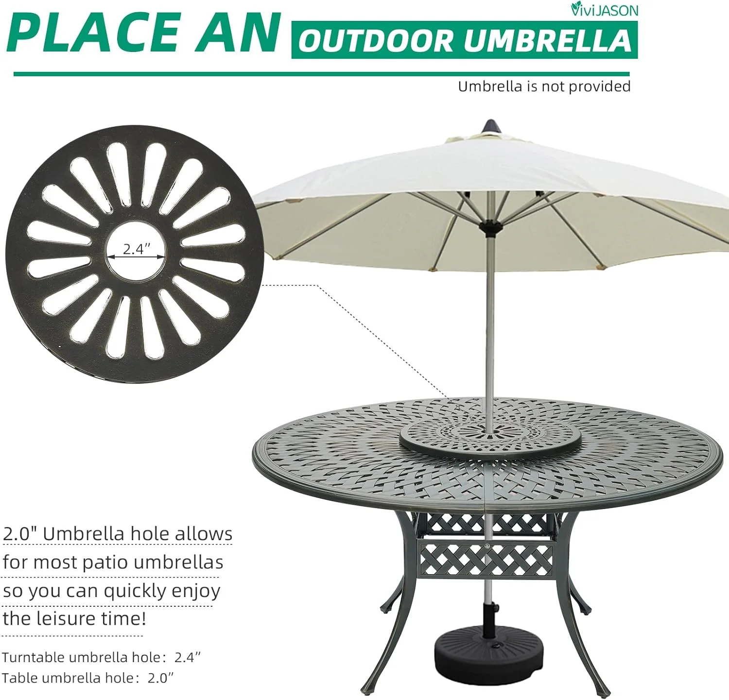 VIVIJASON Outdoor 61" Patio Dining Table for 6-8 Person, Large Patio Round Dining Table with 24" Lazy Susan, Dark Bronze Cast Aluminum Rustic Patio Table W/Umbrella Hole for Balcony, Porch and Deck - Image 18