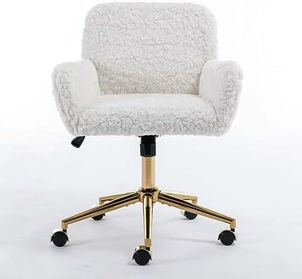 Fluffy Desk Chair,Height Adjustable Vanity Chair with Wheels,Comfortable Faux Fur Desk Chair with goldenn Base, Arm Chair for Bedroom,Living Room,Vanity,Office - Image 6