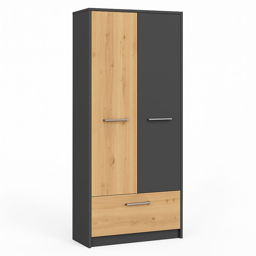 Armario moderno de dos puertas en madera clara y gris, almacenamiento funcional para dormitorio y sala