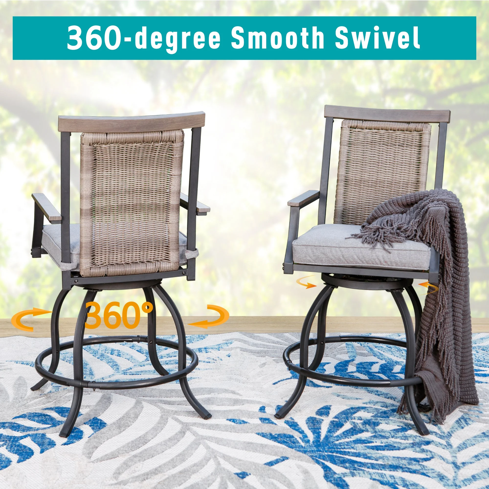 Sophia & William 3 Pieces Patio Outdoor Bar Stools Bistro Set Rattan Wicker Chairs & Square Metal Table Furniture Set - Image 7