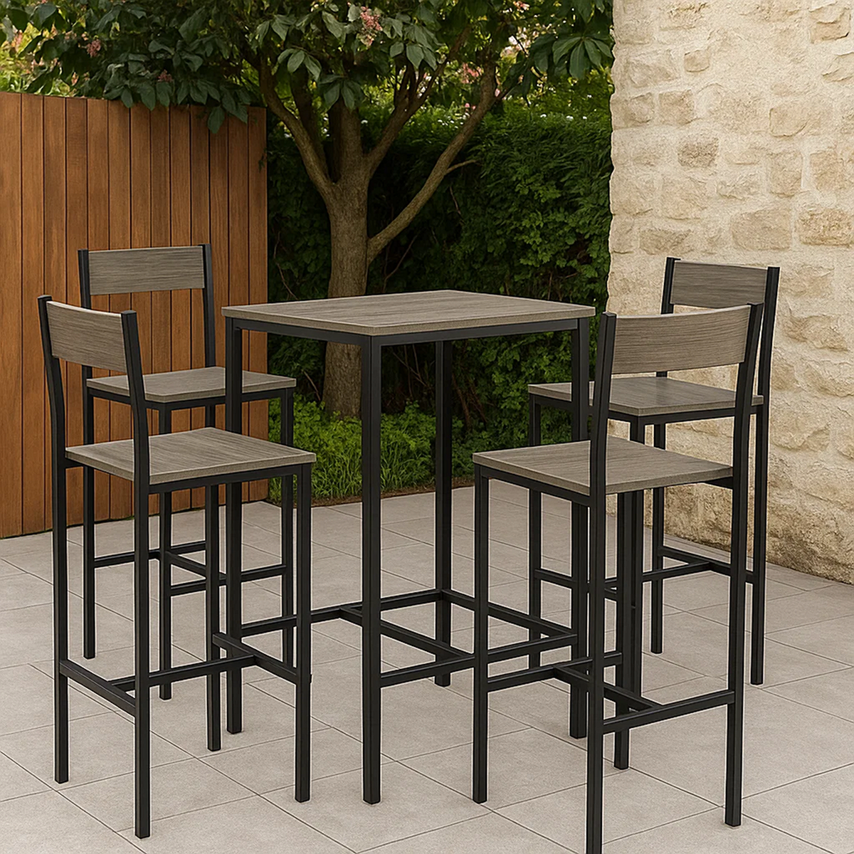 Conjunto de bar para jardín 5 pzas madera sintética gris – mesa alta y 4 taburetes