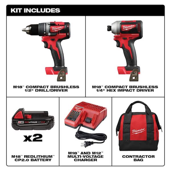 M18 18V Lithium-Ion Brushless Cordless Compact Drill/Impact Combo Kit (2-Tool) W/ (2) 2.0Ah Batteries, Charger & Bag - Image 2