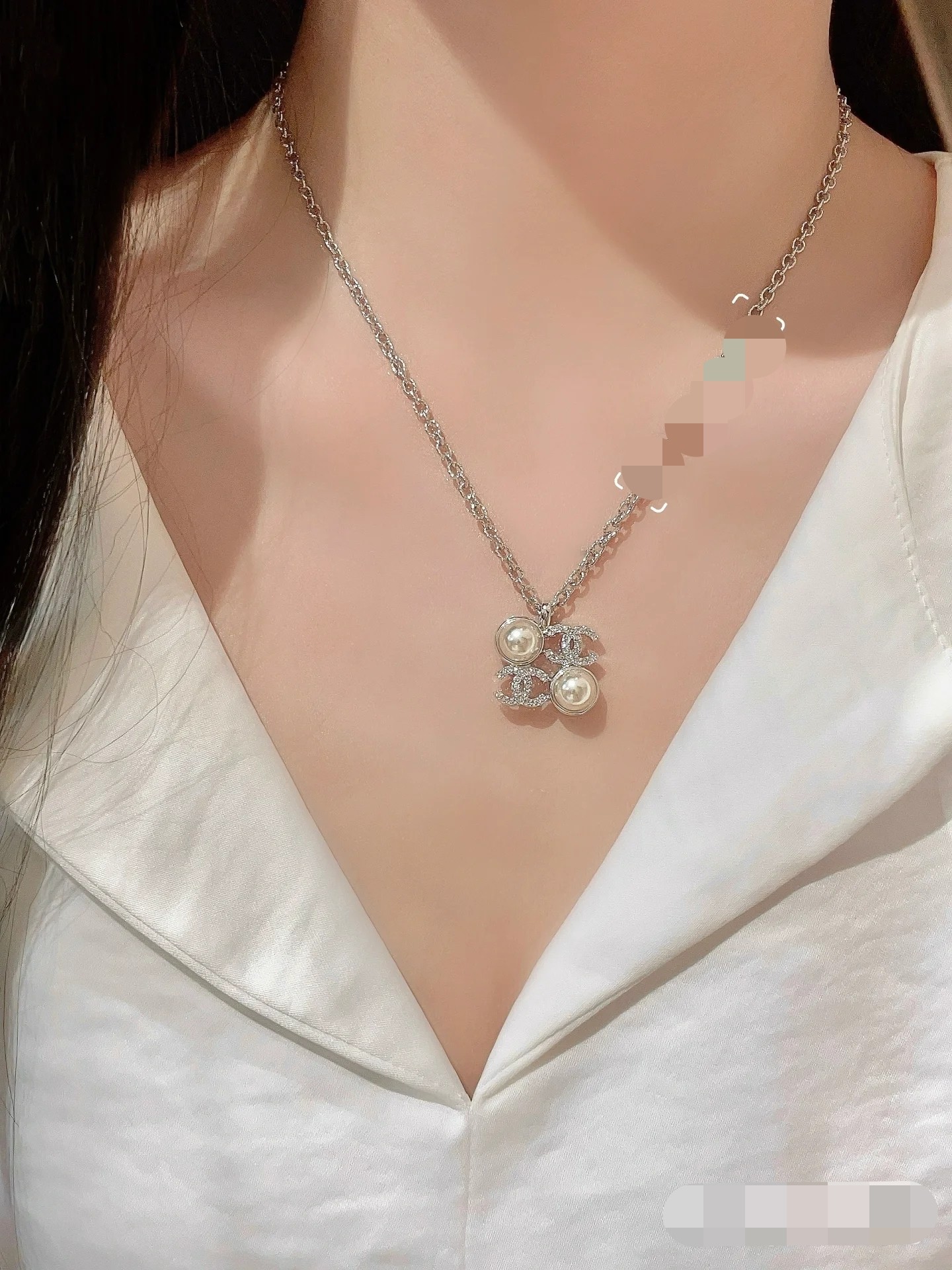 Chanel Silver Square Coco & Pearls Pendant Necklace - Original Replica Club