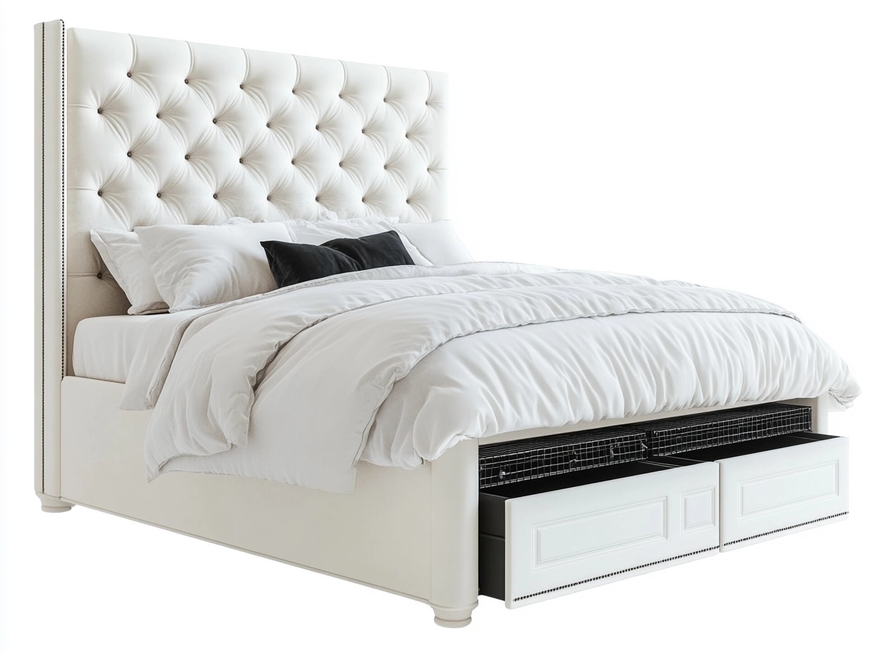 Cama blanca tapizada con cabecero capitoné y cajones de almacenamiento