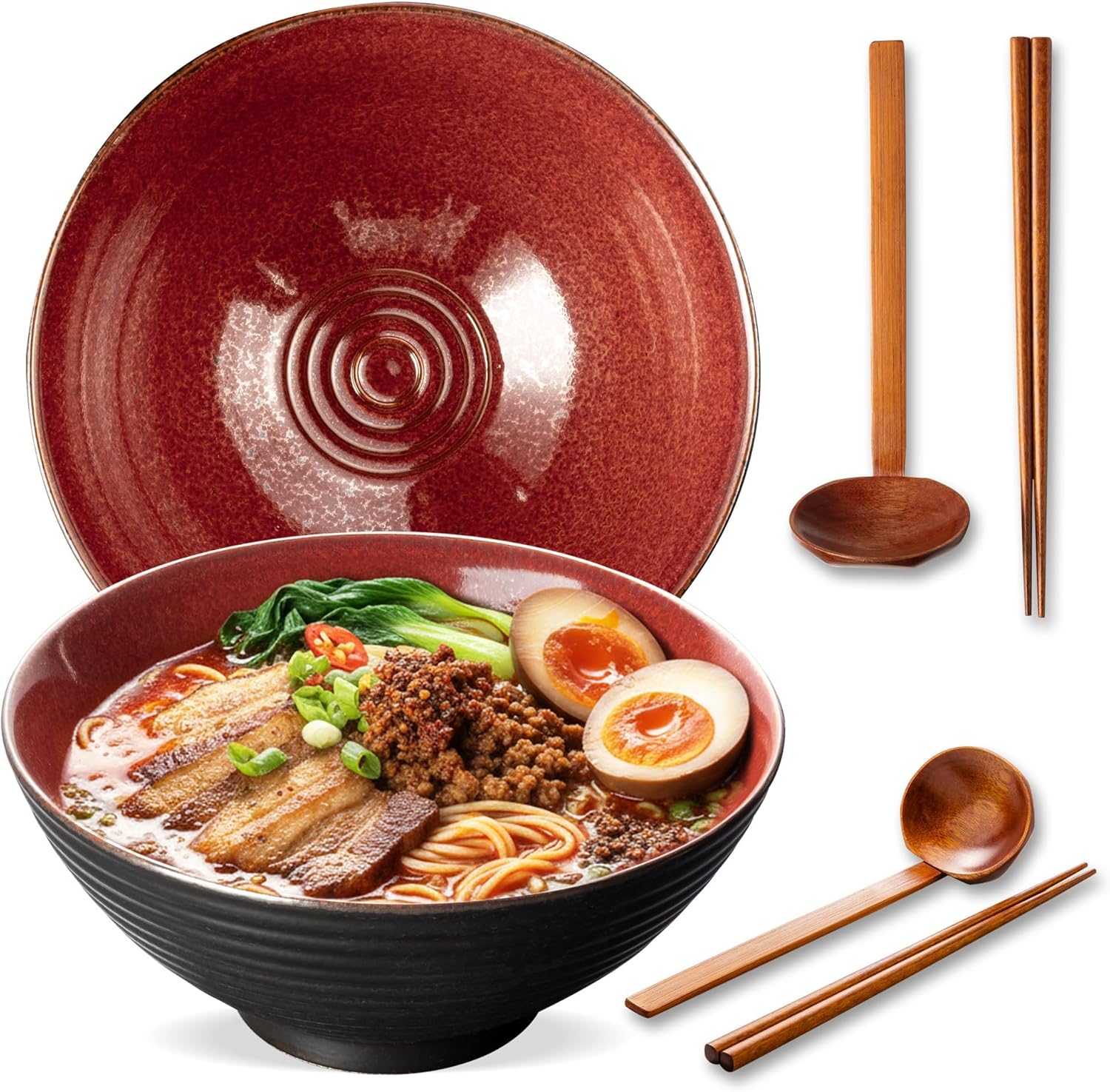 8 Inch Ceramic Ramen Bowl Set of 2, 40oz Japanese Bowls with Spoons & Chopsticks,Durable,Microwave & Dishwasher Safe,Perfect for Ramen,Pho,Salad,Soup,Noodles，Mixing bowls（Verdigris Green）