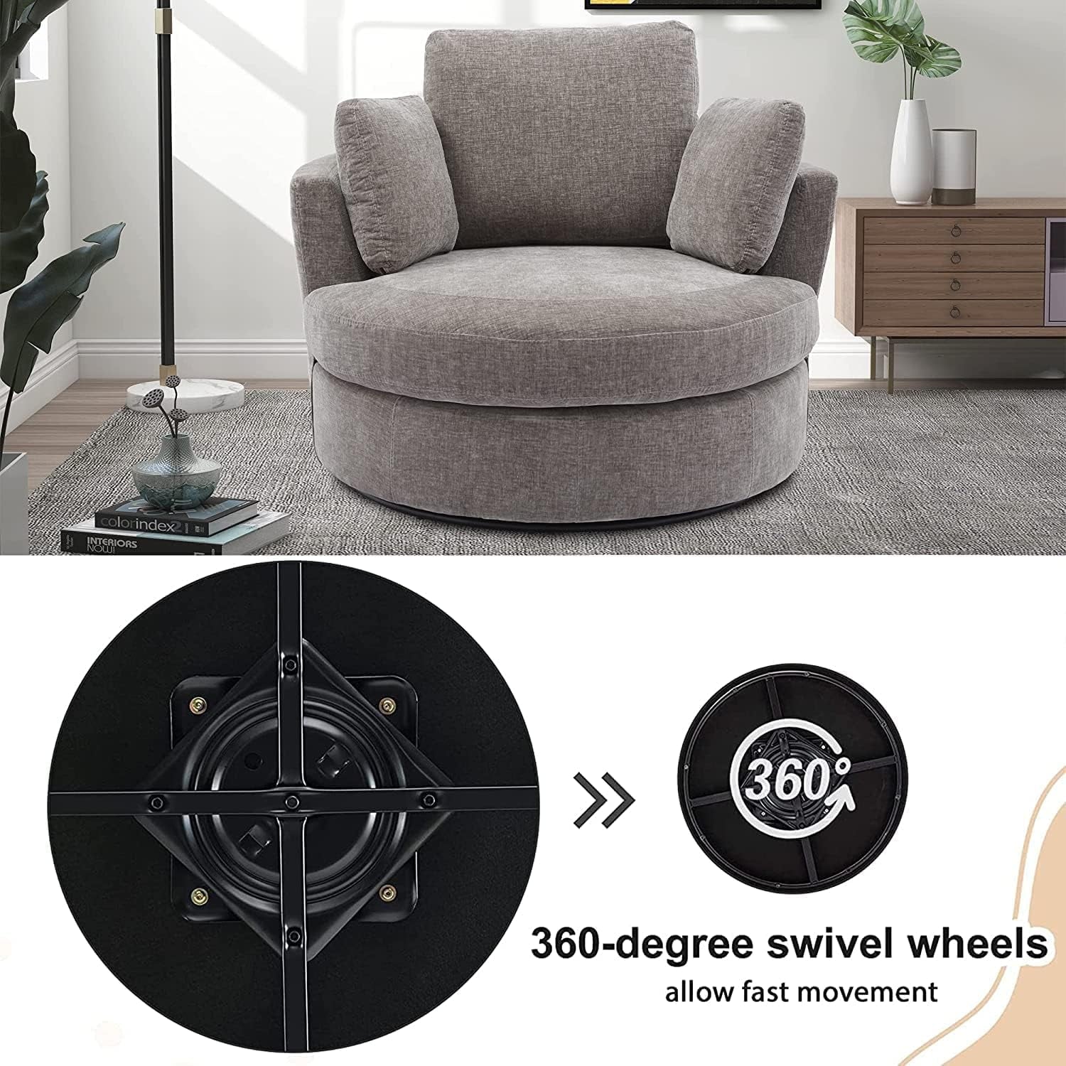 42" W Small Loveseat Sofa Couch, Swivel Barrel Chairs for Bedroom 360 Degree Swivel Accent Chairs for Living Room, Chenille Fabric Club Chair Chaises Lounges for Living Room/Office/Hotel, Grey - Image 4