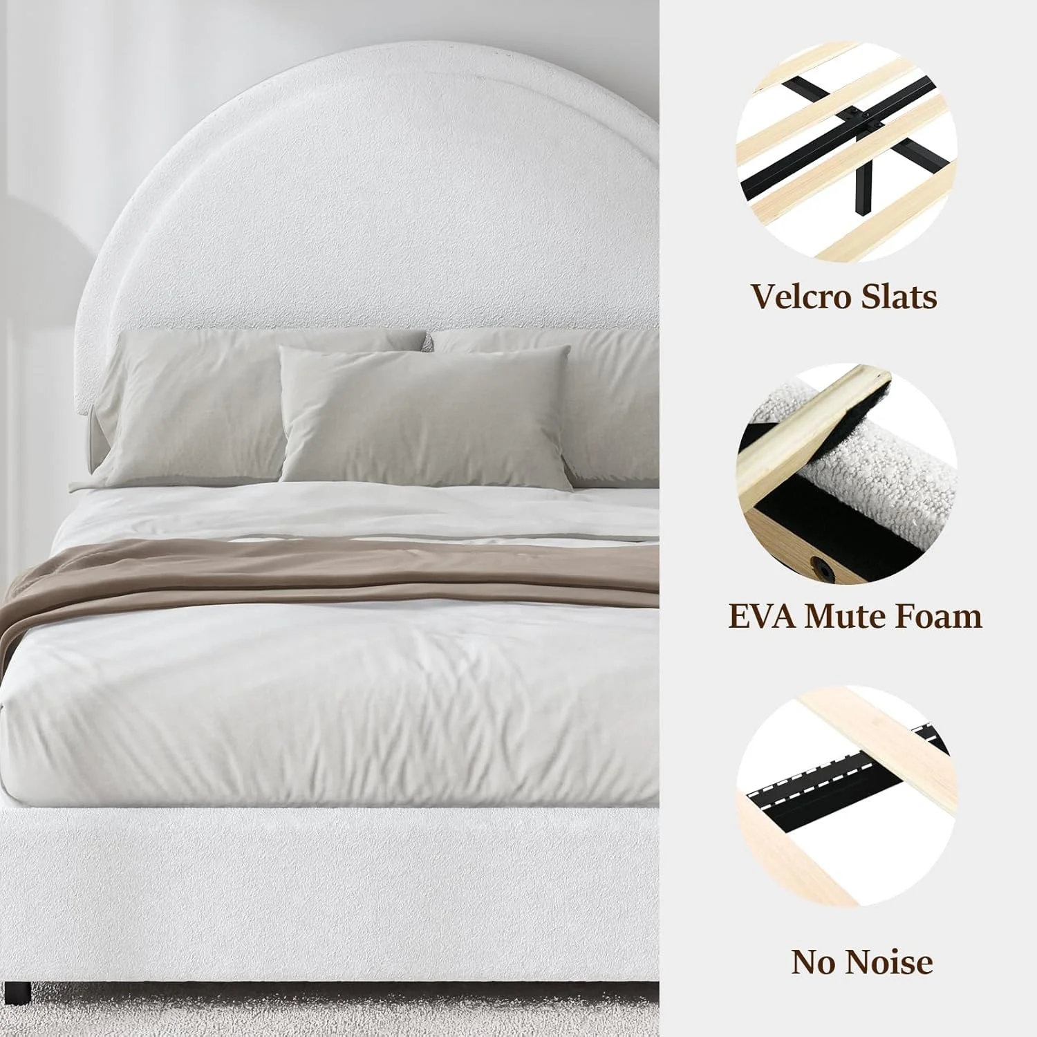 4 EVER WINNER Queen Size Bed Frame, Boucle Upholstered Bed Frame with Headboard, White Queen Bed Frame, White