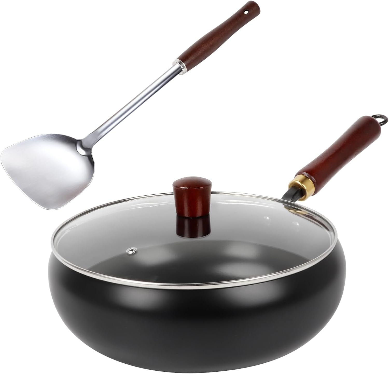 Suntuup Japanese Iron Pan, 11.02 Inch Uncoated Thick Iron Pot Hand-Forged Non-Stick Flat Bottom Pan with Glass Lid and Shovel for Induction, Electric, Gas