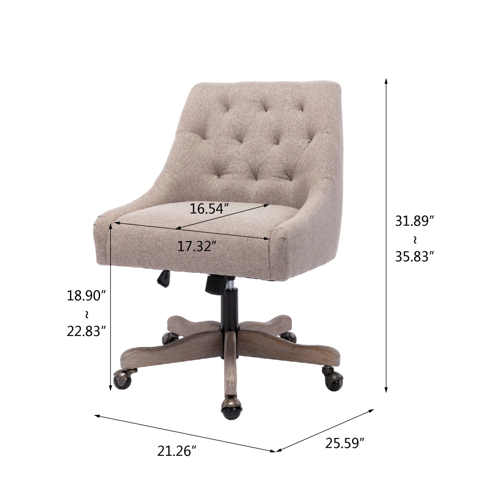 360 Degree Swivel Office Desk Chair, Upholstered Leisure Vanity Chair with Solid Wood Base and Wheels, Adjustable Height Computer Chair for Bedroom Living Room, Brown - Image 10
