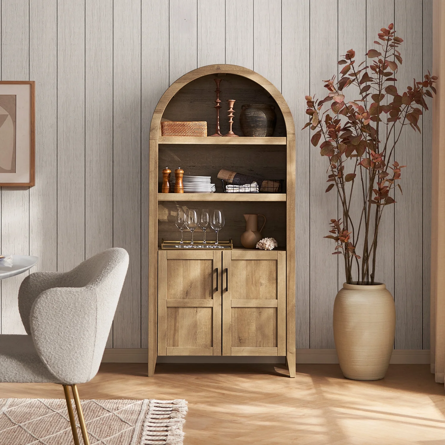 mopio Lauren 65.4" Arched Cabinet, 5-Tier Arched Bookcase with Doors and Shelves, Arched Bookshelf with Storage, Kitchen Pantry Cabinet, Wooden Storage Cabinet for Living Room, Kitchen (Oak) - Image 10