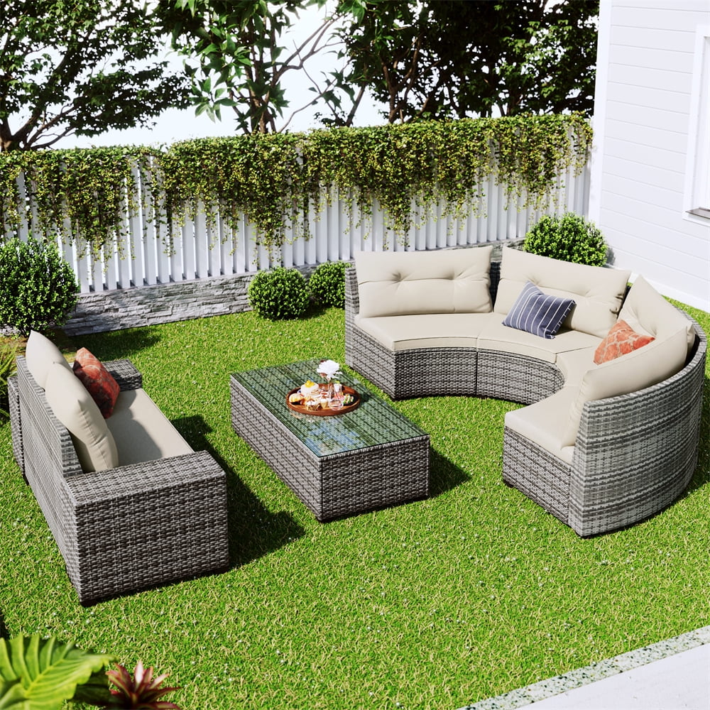 8 Pieces Outdoor Wicker Round Furniture Set, All Weather Half-Moon Sectional Patio Sofa Sets with Rectangular Coffee Table, Beige - Image 2