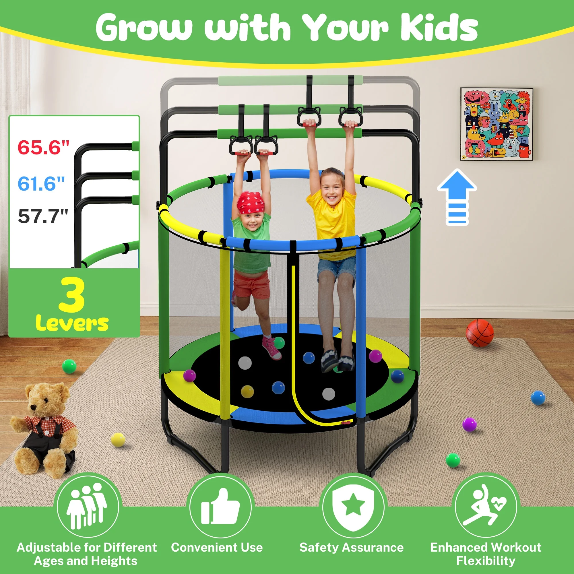 Mini Round Trampoline for Kids with Basketball Hoop, SEGMART 55'' Indoor Outdoor Toddler Trampoline with Enclosure Net, Swing, Sandbag, Ring, Ocean Balls, Small Trampoline Gift for Boys Girls, Blue - Image 28