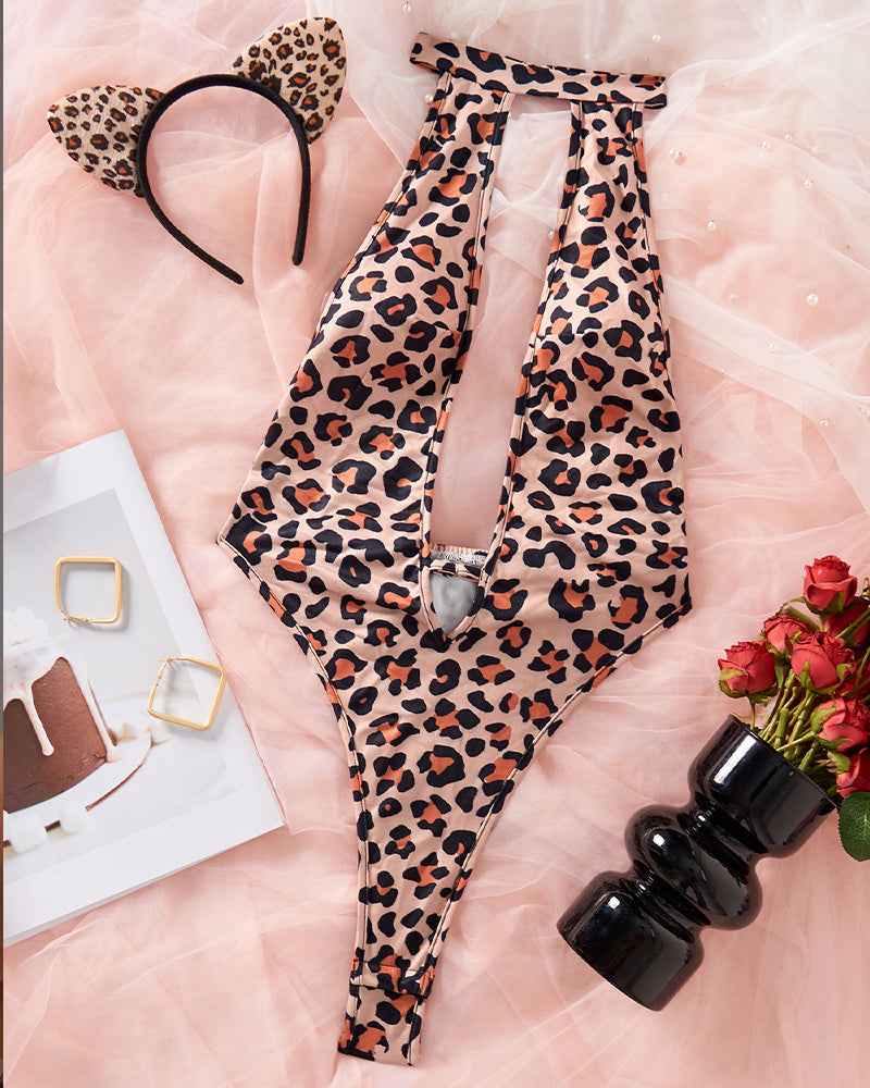 Deep V Hollow-Out Leopard Bodysuits