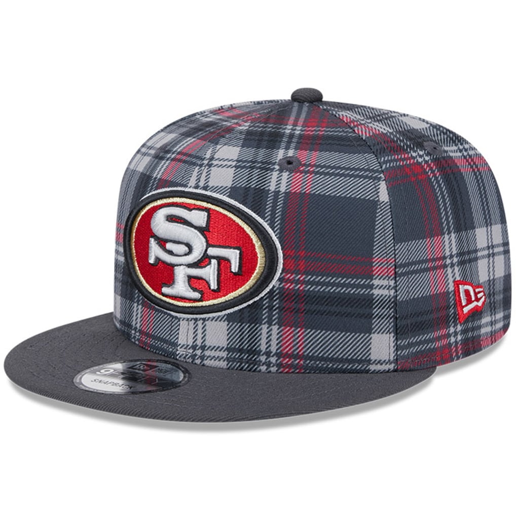 Angled view of the New Era San Francisco 49ers 2024 Sideline Statement Plaid 9FIFTY Snapback Hat showing the front logo and dark gray flat visor.
