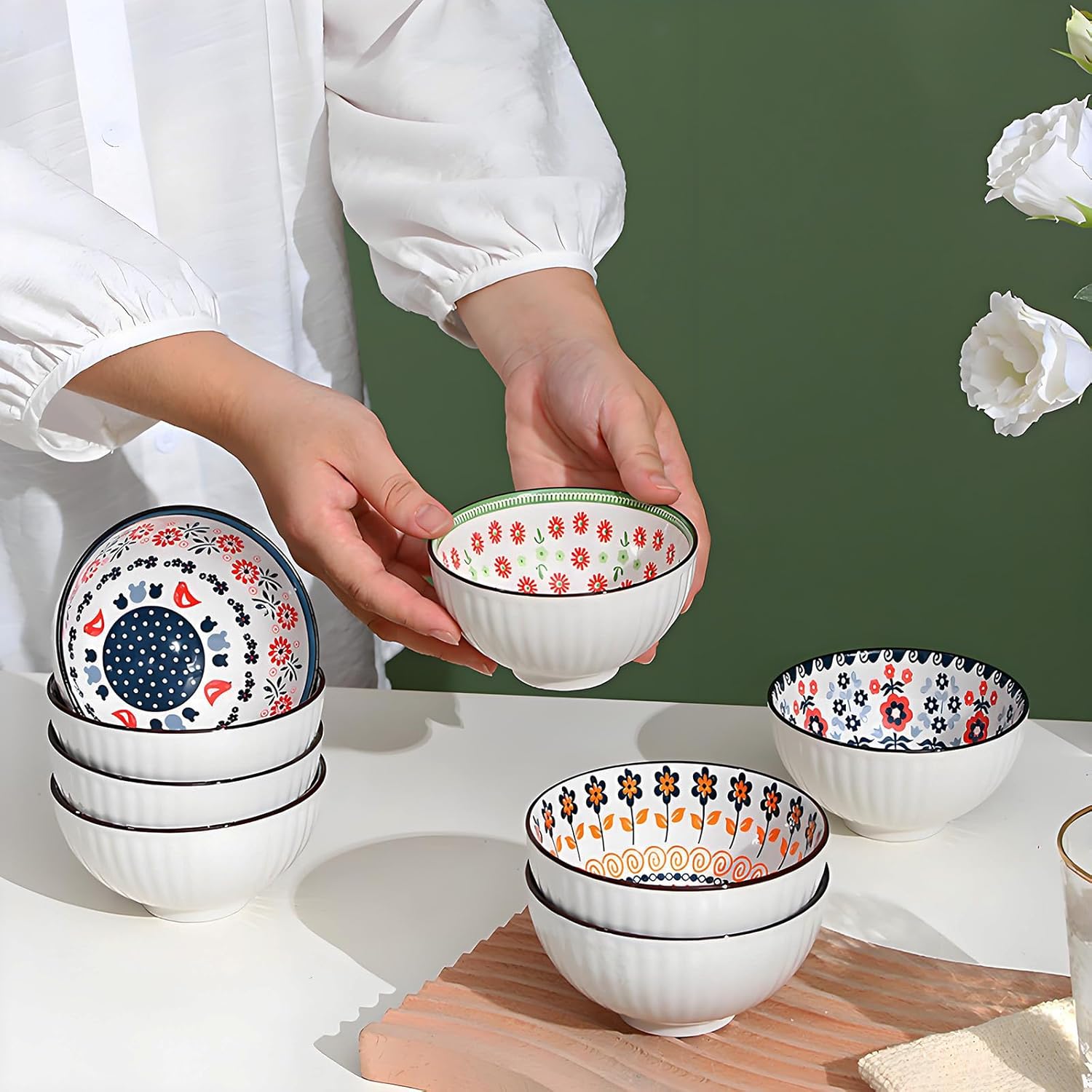 Rice Bowls 10oz, Japanese Style Bowls Set of 6 with Gift Box - Ceramic Bowls for Soup, Dessert, Ice Cream, Snack - Kitchen Gifts for Women Christmas Gift