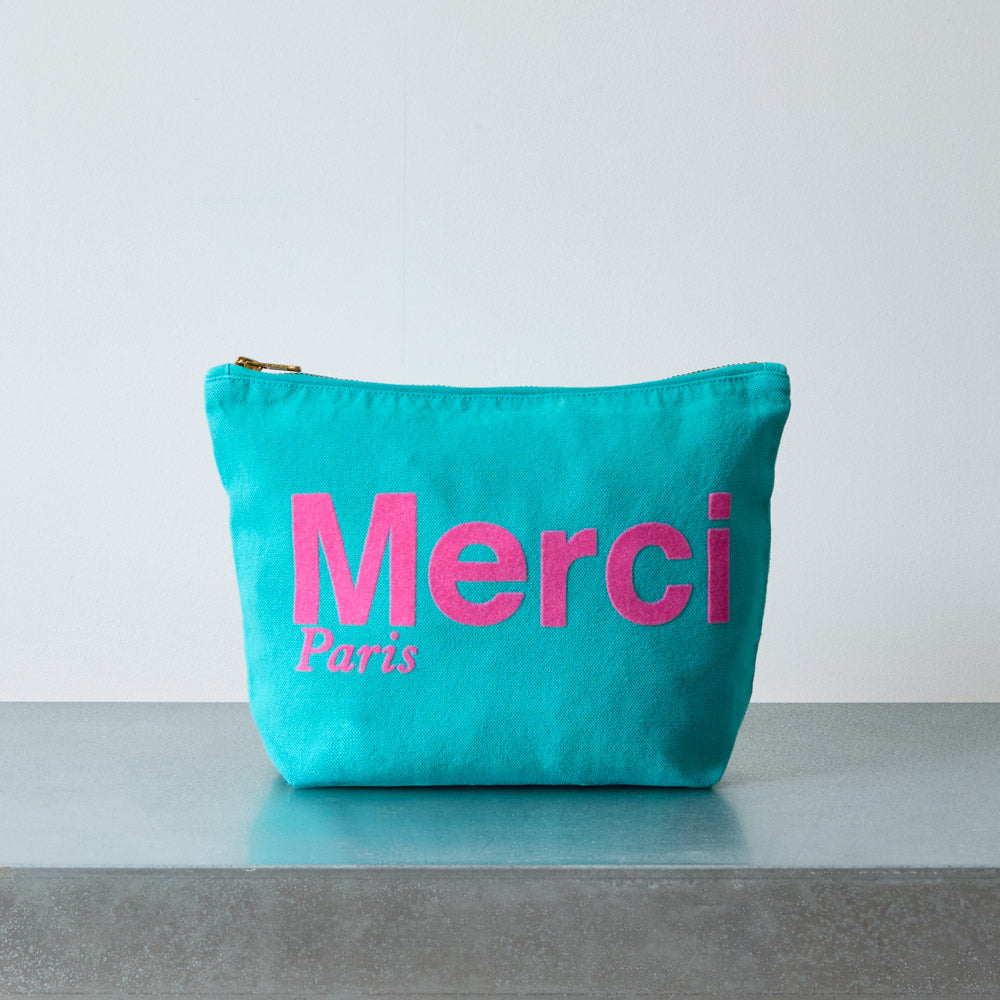 Merci - Pochette en coton - Turquoise & Rose