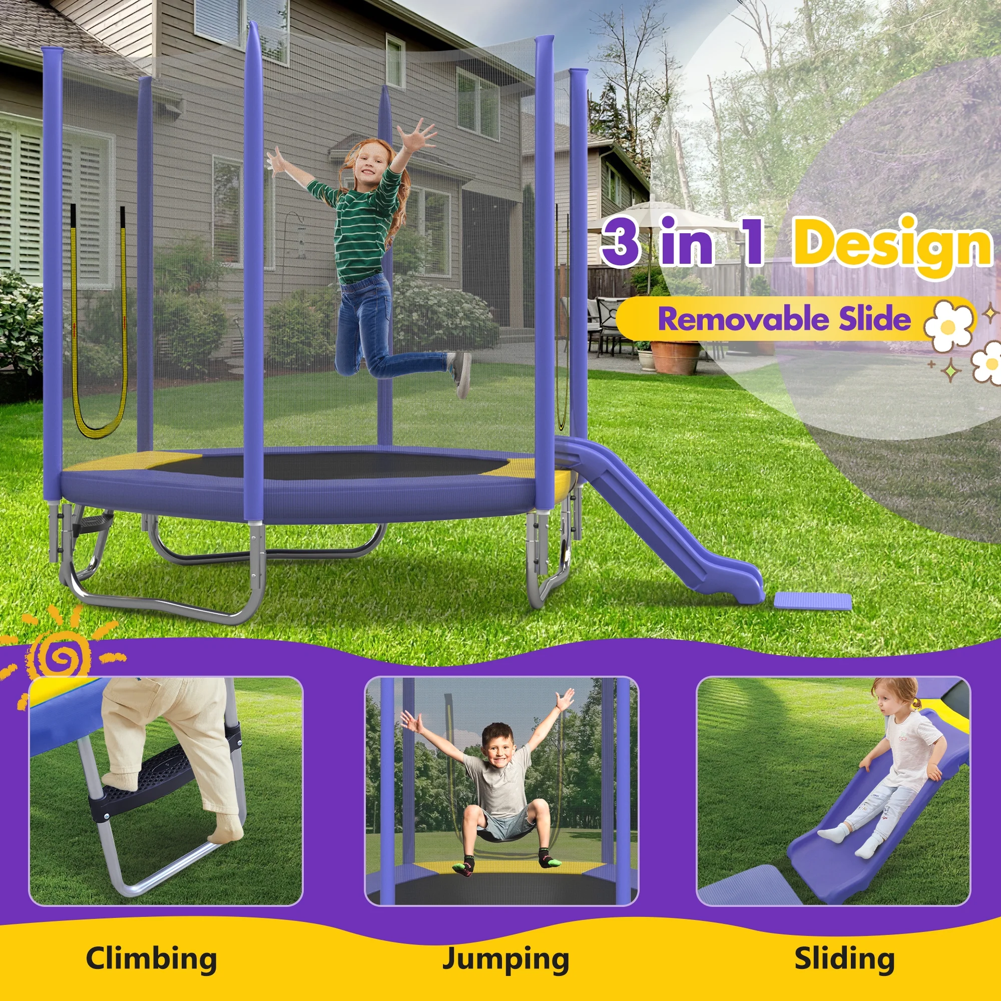 EUROCO 7FT Trampoline with Removable Slide, Kids Indoor Outdoor Trampoline with Enclosure Net and Ladder, Pink - Image 10