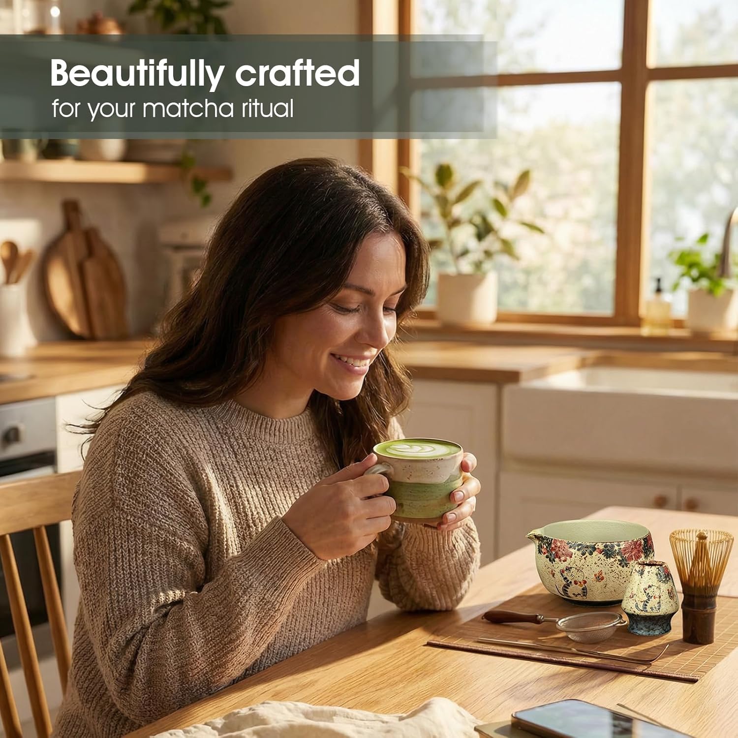 Matcha Whisk Set, 7-Piece Matcha Kit with Ceramic Bowl, Bamboo Whisk, Scoop, Sifter, Holder & Bamboo Mat – Premium Matcha Tea Set for Beginners & Matcha Lovers, Gift Ready