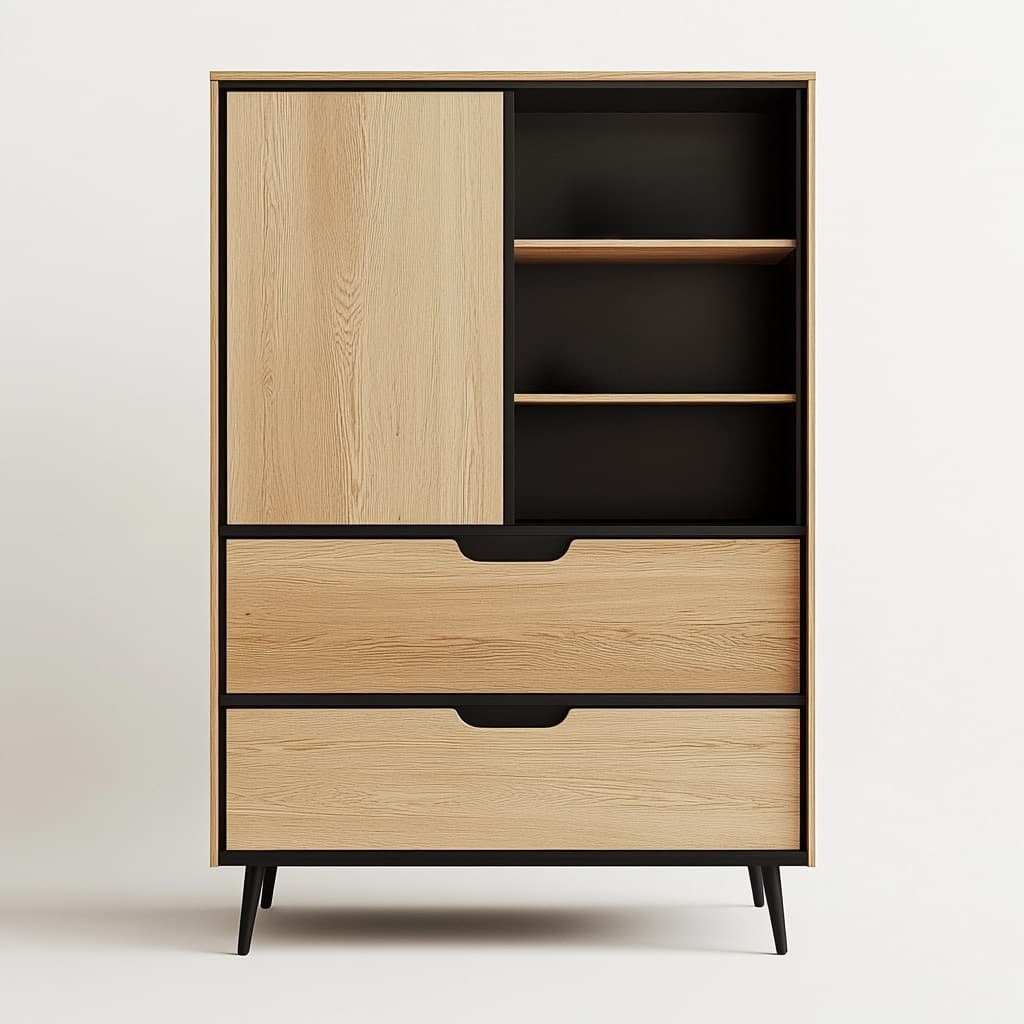 Armario de almacenamiento de estilo nórdico en madera natural, ideal para cocina, en color negro y roble 120 x 40 x 160 cm