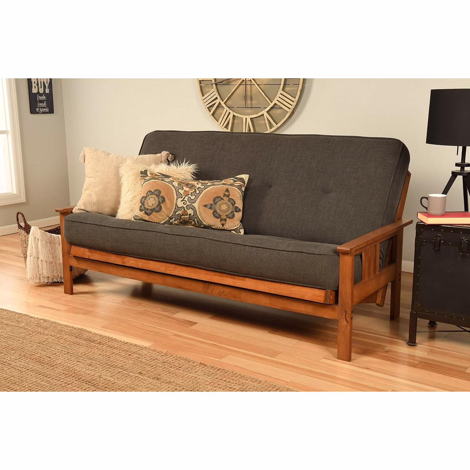 Homestock African Artifacts Full Size Futon Frame Set with Mattress, Easily Converts to Bed, Versatile Design Futon Frame for All Spaces, 33"h x 79"l x 37"d - Color:linen Charcoal, Size:barbados(Espresso/Oregon Trail java)