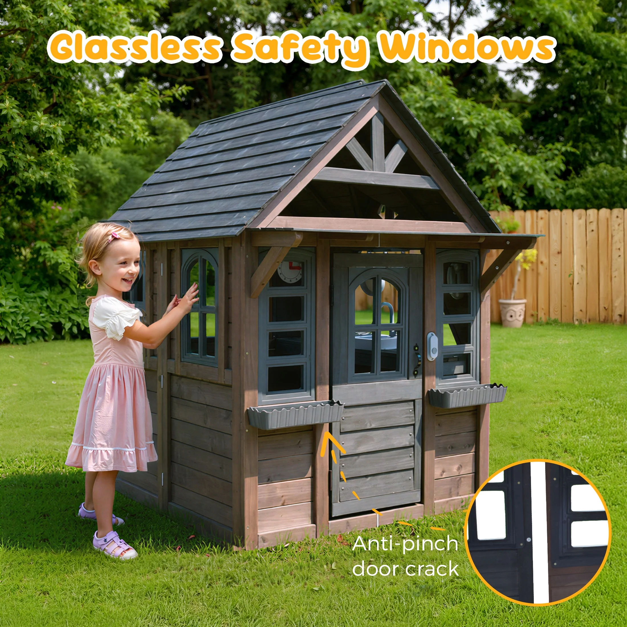 COCLUB Outdoor Playhouse for Kids Ages 4-8, Wooden Play House with Doorbell, Phone, Kitchen Toys, Outdoor Kids Play Equipment, Casa Para Ni?as (45-L x 65-H), White & Black - Image 23