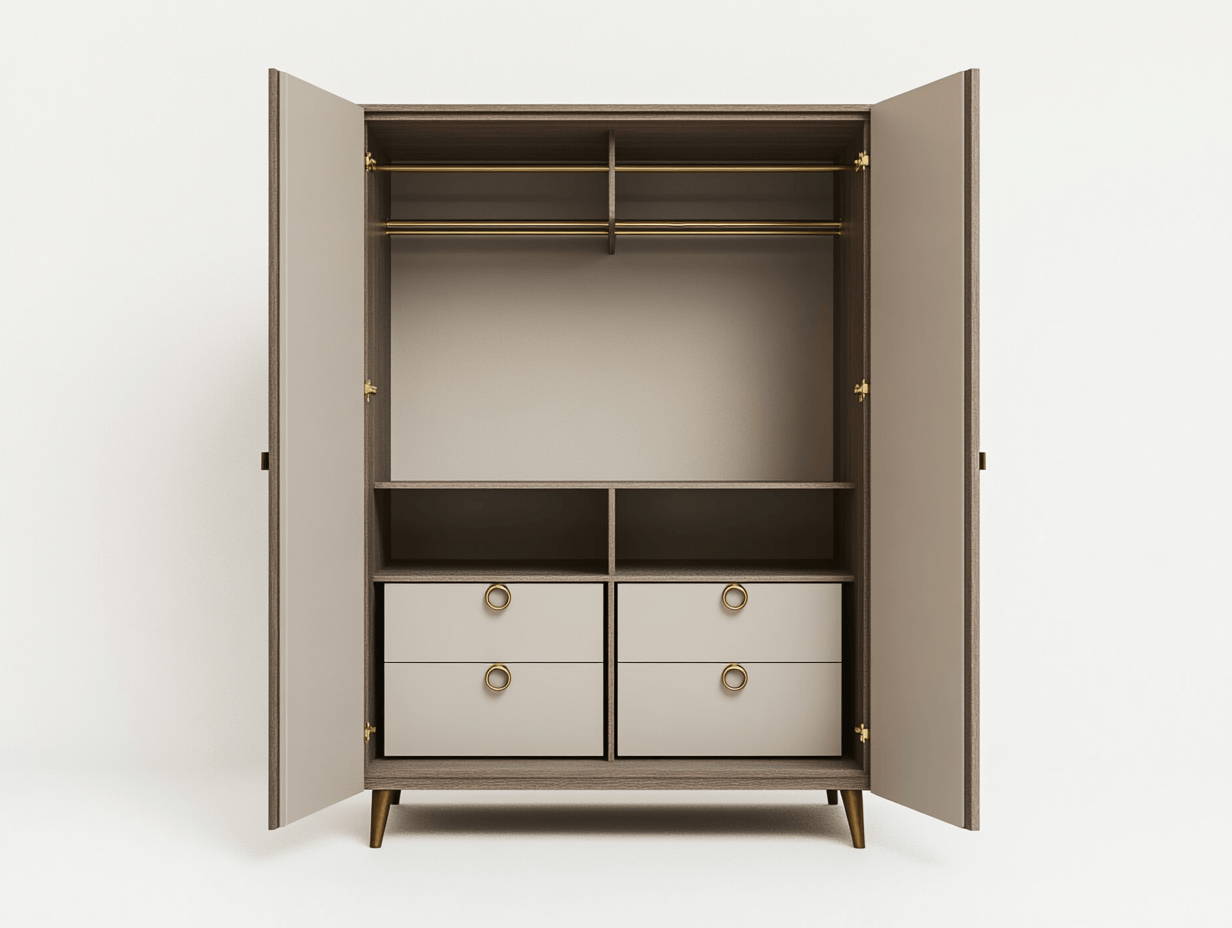 Armario moderno con herrajes de latón, color gris claro y detalles dorados, material madera, adecuado para interiores, tamaño: 80x50x180 cm