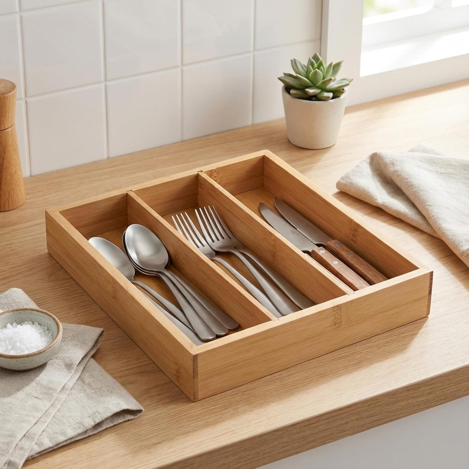 Wooden Silverware Organizer for Drawer, Bamboo Utensil Drawer Organizers, Kitchen Utensil Organizer Tray with 3 Storage Compartments, Flatware Organizers for Cutlery Flatware 