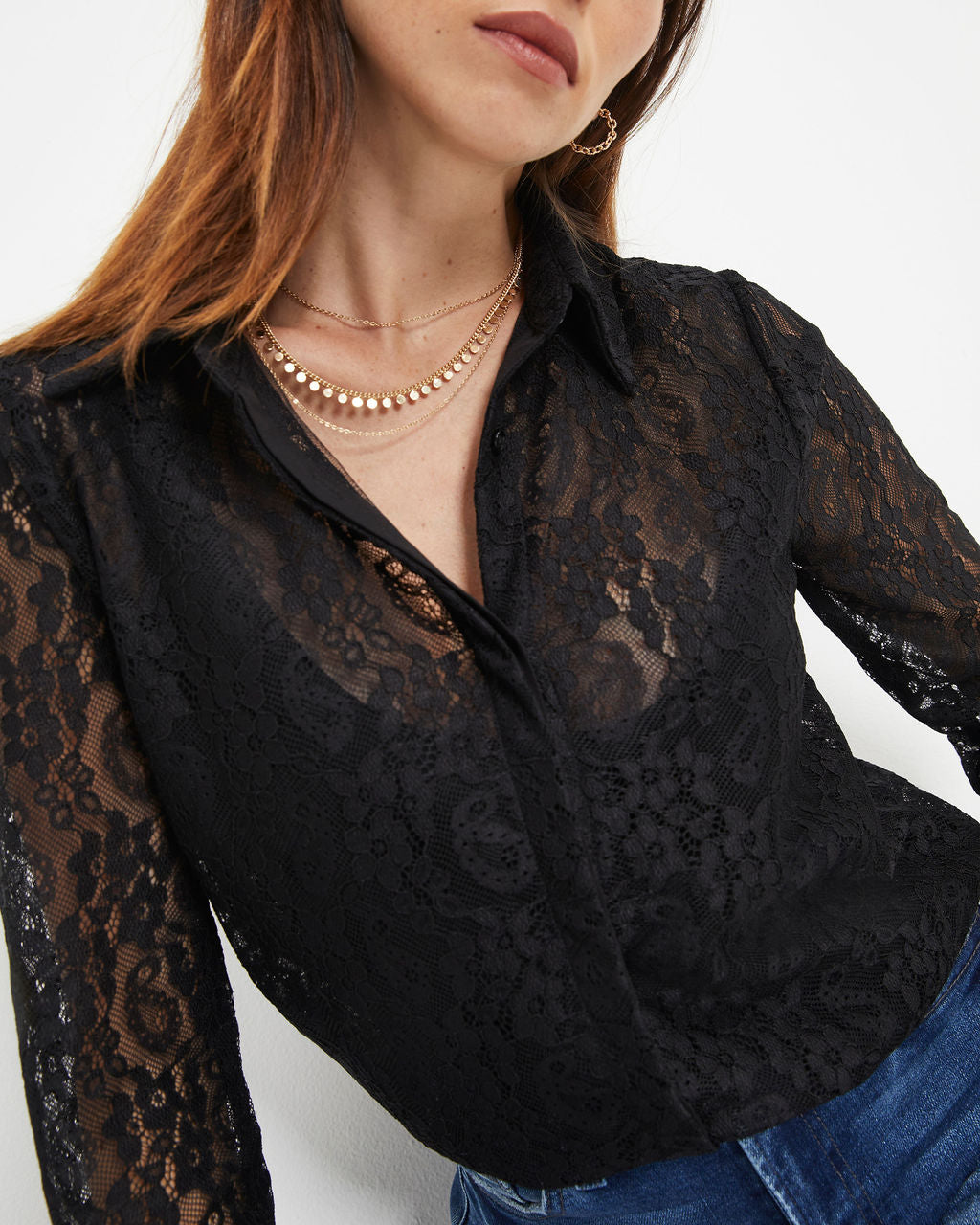 Berenice Lace Button Down Top - Black - Se7enfashion